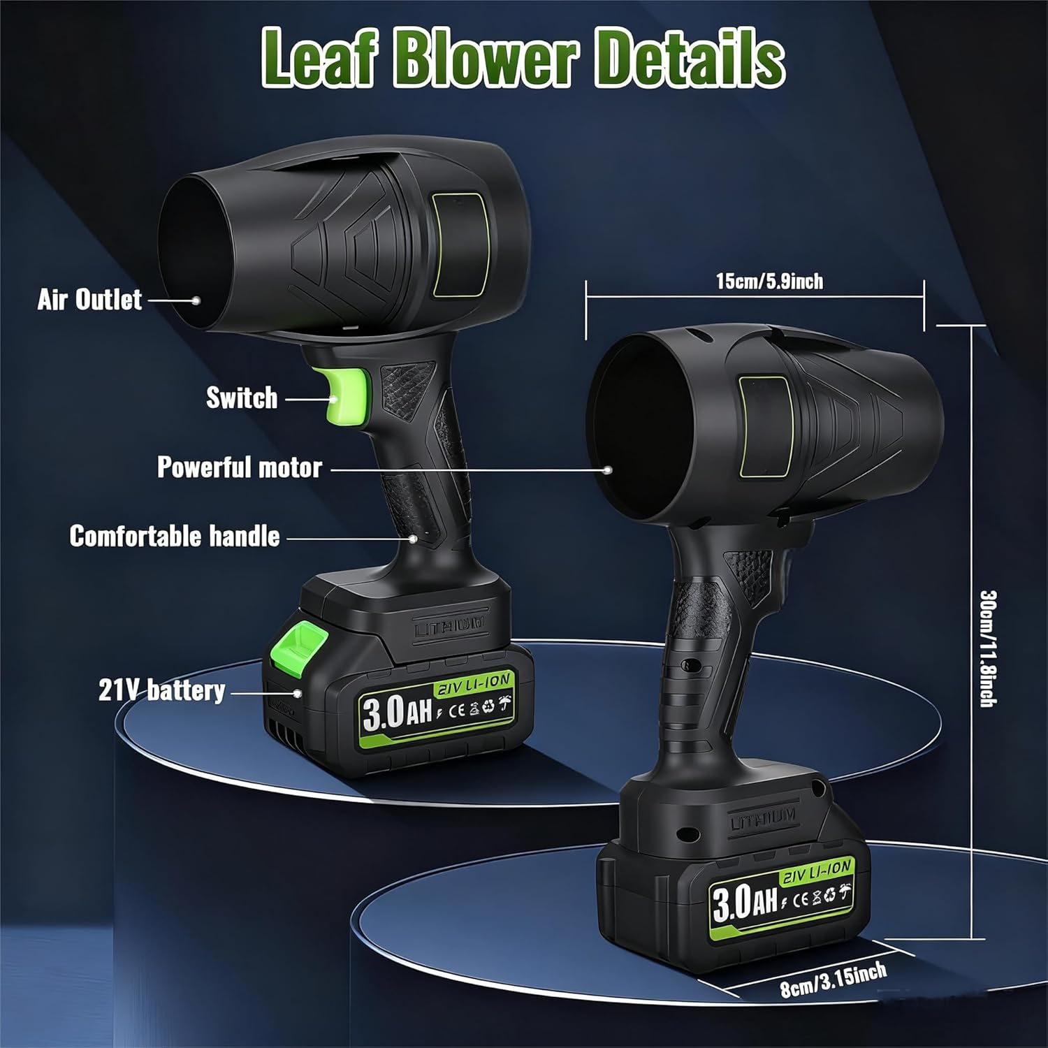 Electric Cordless Leaf Blower, 300000RPM Handheld Leaf Blower 2 X 1.5Ah Batteries and Charger Included, Lightweight Leaf Blowers for Patio Cleaning, Lawn Care, Blowing Leaves and Dust, Black image number 4