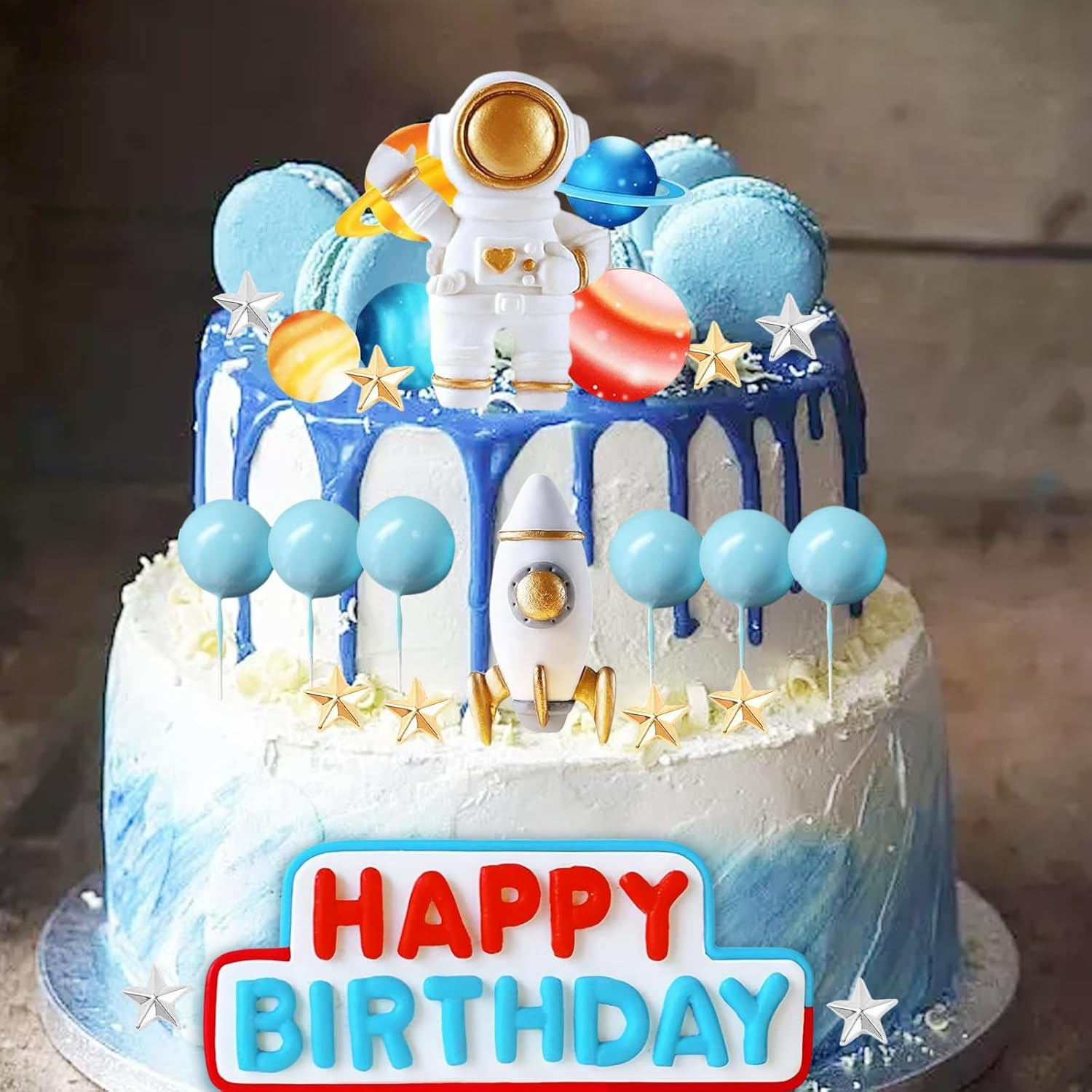 Homiliky Outer Space Cake Topper Set - Astronaut Rocket Stars Cake Decorations for First Birthday, Baby Shower & Space Themed Party Supplies (24Pcs) image number 2