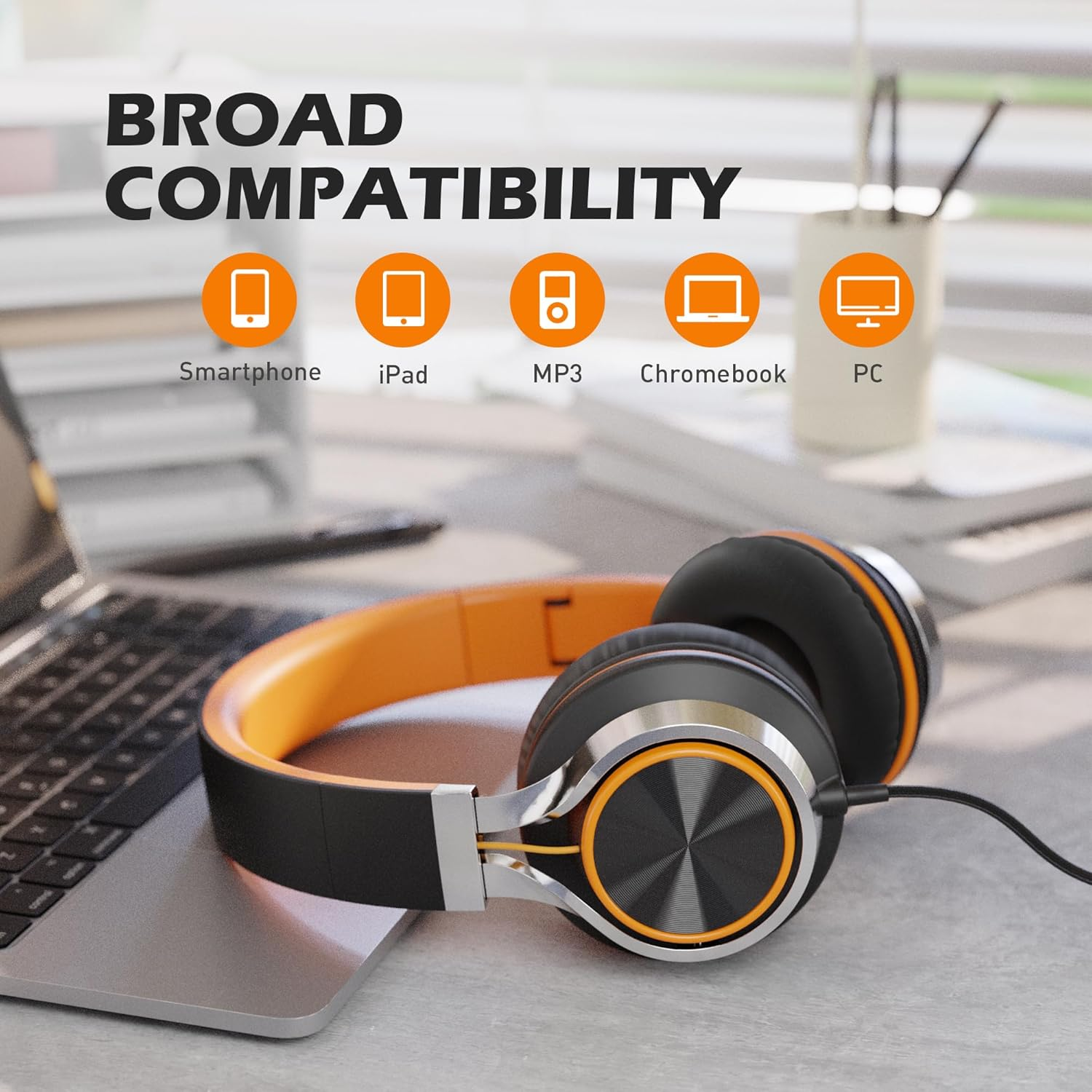 AILIHEN C8 Folding Headphones with Microphone and Volume Control for Cellphones Tablets Android Smartphones Laptop Computer Mp3/4 (Black/Orange) image number 1