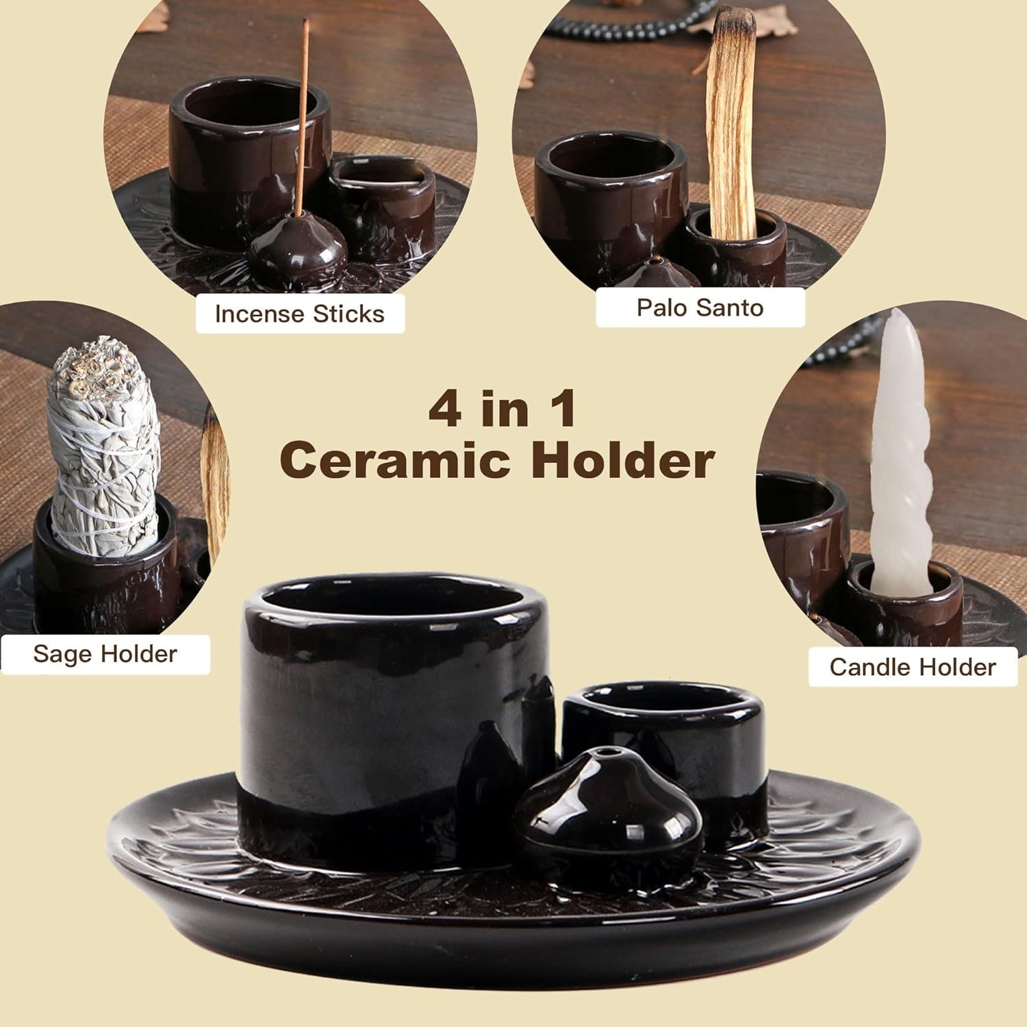 IMEEA Palo Santo Holder Sage Holder 4 in 1 Incense Holder Incense Burner for Burning Sage Incense Stick Palo Santo 5.1" Ceramic Ash Catcher Tray for Meditation Room - White image number 2