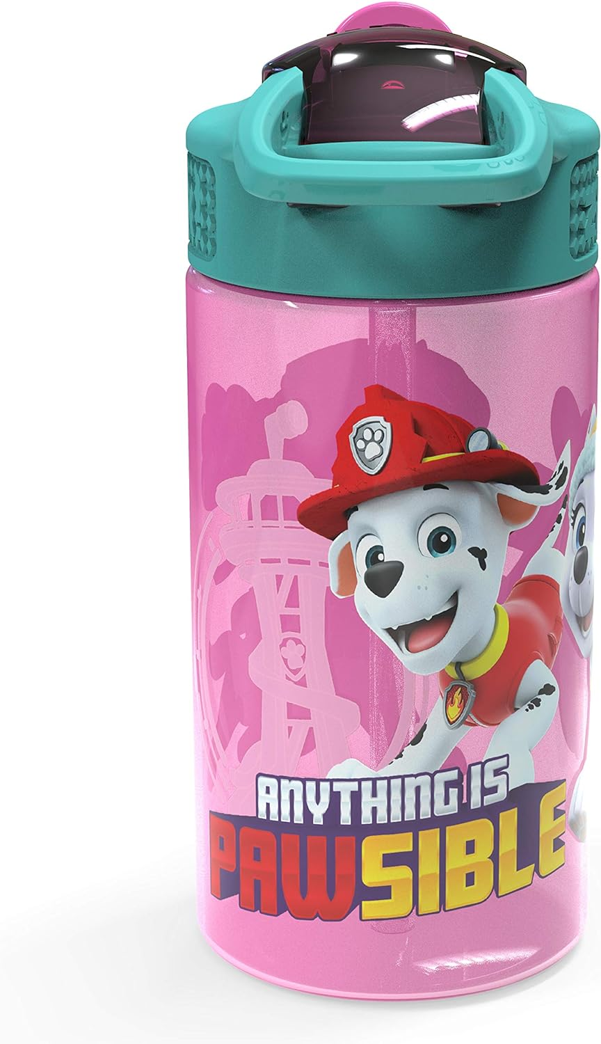 Zak Designs Kids Durable Plastic Spout Cover and Built-In Carrying Loop, Leak-Proof Water Design for Travel, (16Oz, 2Pc Set), Paw Patrol Skye Bottle 2Pk image number 6