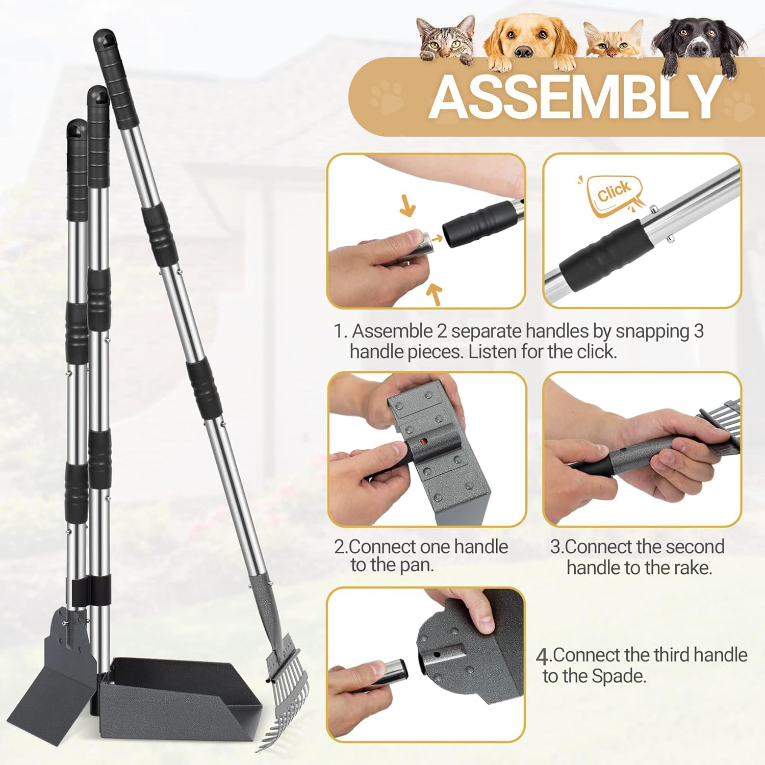 Dog Pooper Scooper, Adjustable Long Handle Poop Scooper with Tray, Rake and Spade, Steel Stainless Poop Scoop for Small Medium Large Dogs and Pet, Waste on Grass, Dirt or Gravel image number 4