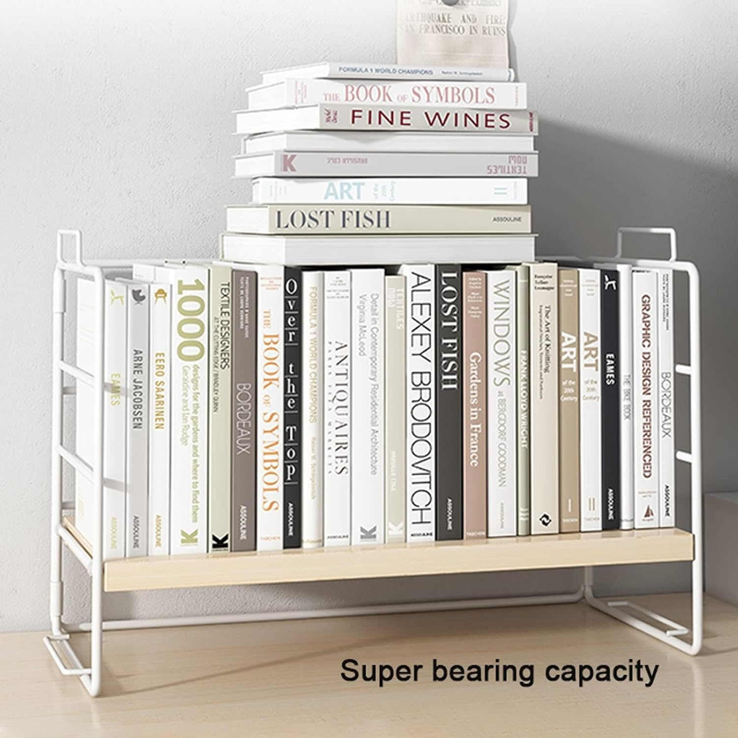 Joiena Desktop Bookshelf 2 Tier Organizer, Adjustable Wood Desktop Bookcase Office Desk Display Storage Shelf Rack, Plant Stand, Decor for Kids, Office Kitchen Living (White)