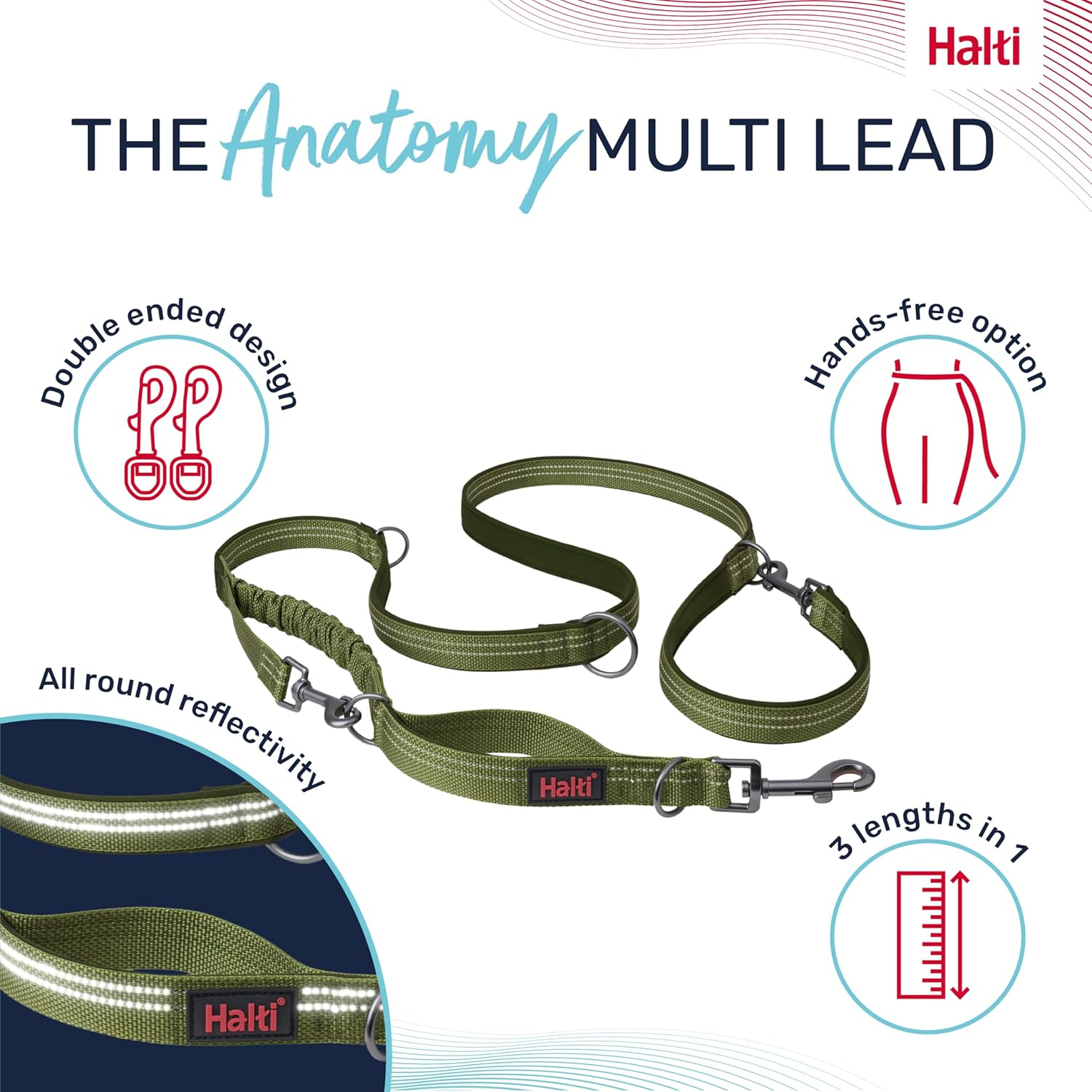 HALTI Anatomy Multifunctional Dog Lead &ndash; Shock Absorbing Double-Ended Lead, Ideal for Dog Walking & Training. Comfortable to Hold, Reflective & Lightweight. Suitable for Puppies (Size Large, Green) image number 6