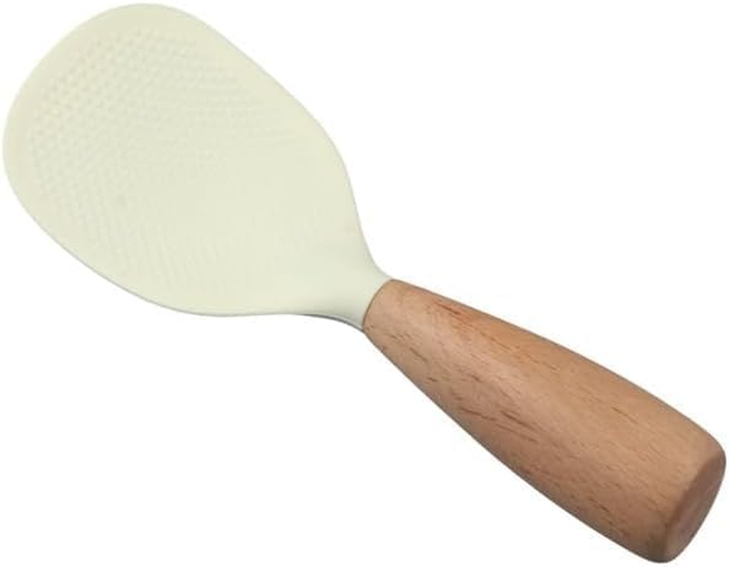 2Pcs Standing Silicone Rice Spoon with Wooden Handle,Non Stick Anti-Scalding Rice Spatula Tableware,Heat Resistant Rice Shovel Household Rice Scooper (White, One Size) image number 2