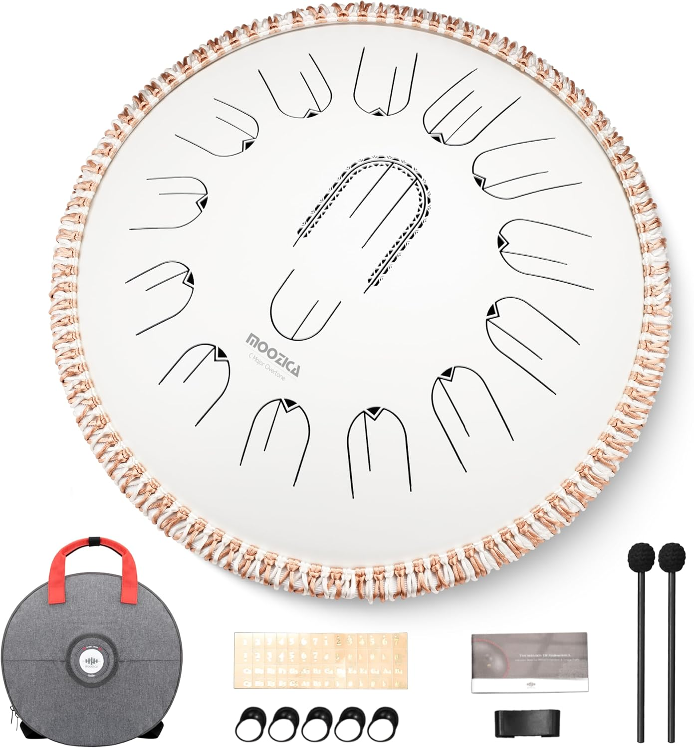 MOOZICA 15 Inch Steel Handpan Tongue Drum - 15 Notes in C Major 432Hz Tongue Drum with Octave Overtone Design - Professional Percussion Tongue Drum Instrument with Carry Bag White