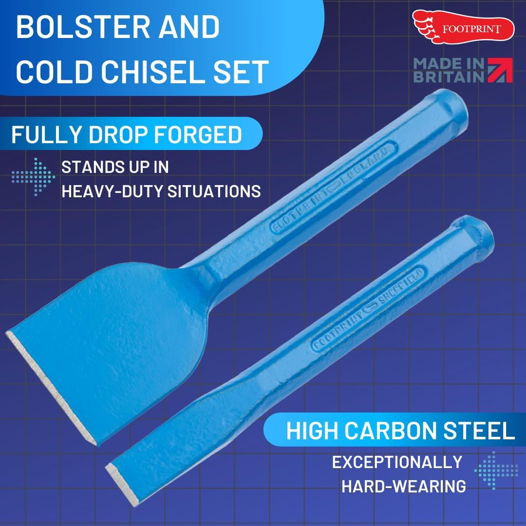 Footprint Small Bolster and Cold Chisel Set - Small Bolster (9"X21/4", 230X57Mm) and Cold Chisel (10X3/4", 250X19Mm) - Made in Sheffield, Britain - Forged from Head to Blade - Hardened Cutting Edges image number 5