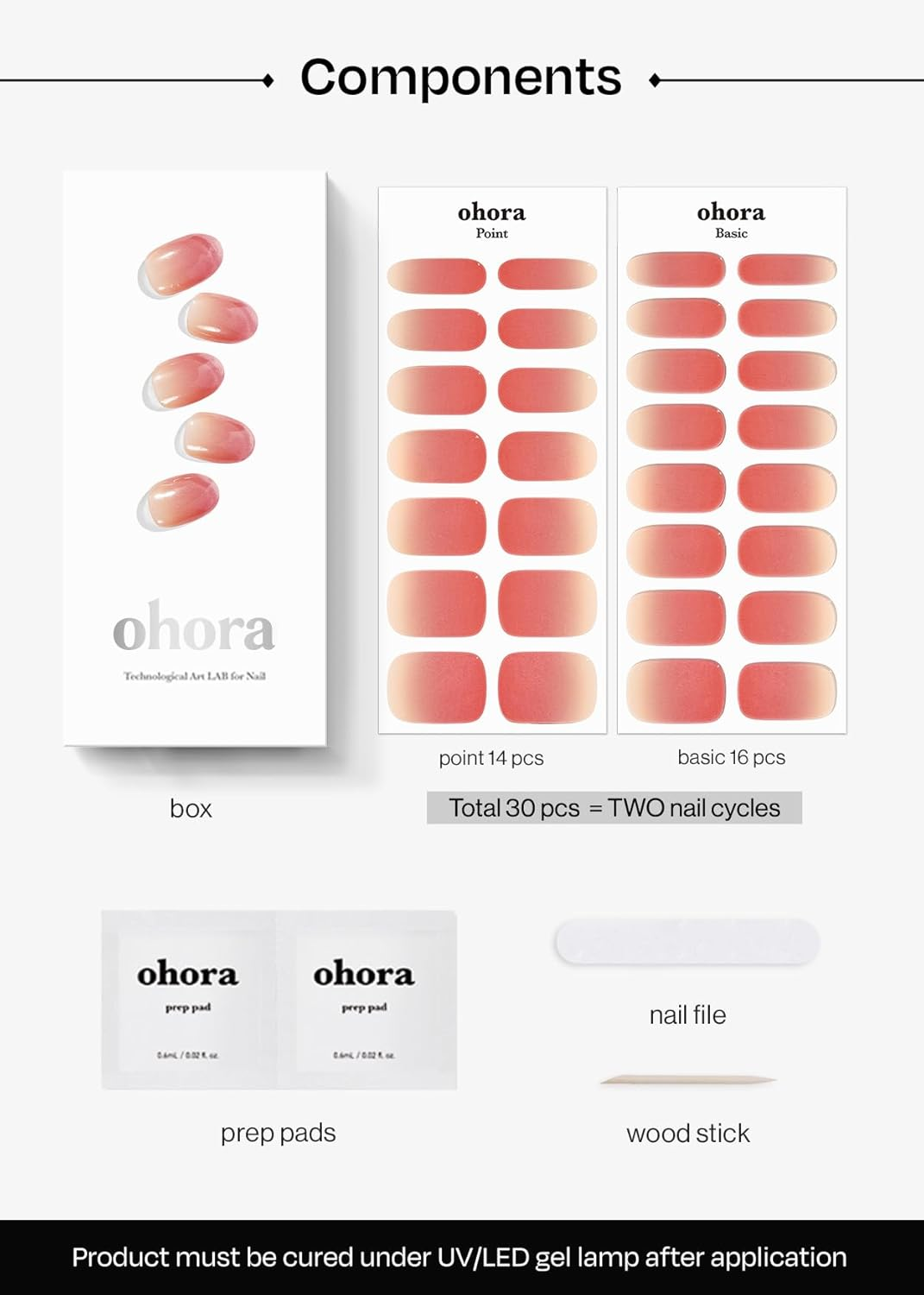Ohora Semi Cured Gel Nail Strips (N Basic Nails No.1) - Red, Ombre, Works with Any UV/LED Lamps, Salon-Quality, Long Lasting, Easy to Apply & Remove - Includes 2 Prep Pads, Nail File & Wooden Stick image number 1