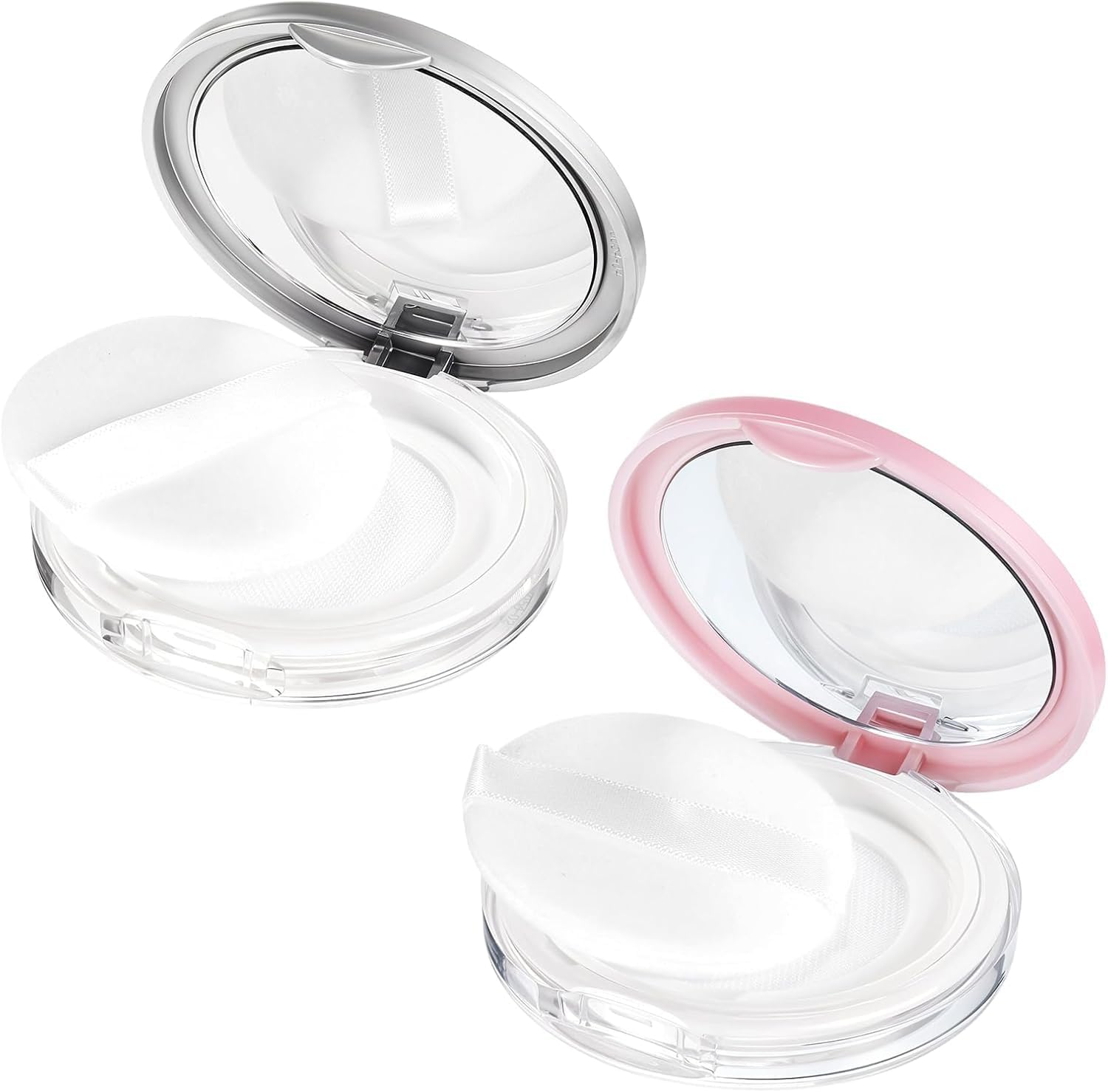 2-Pack Refillable Loose Powder Compact with Puff & Mirror &ndash; Portable Travel Makeup Container with Mesh Sifter, Leak-Proof Empty Case for Blush, Foundation & Setting Powder (Silver, Iridescent Silver)