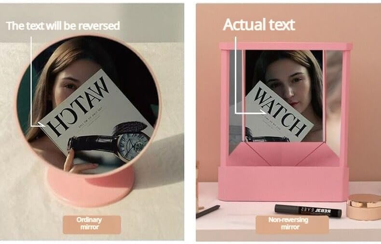 Non Reversing Mirror,True Mirror Makeup Mirror,True Image Reflection Personal Makeup Mirrors,Slim Design,Non-Magnifying Mirror for Haircuts,Beauty,Bedroom,Women Girls Gifts (Green) - Pink image number 6