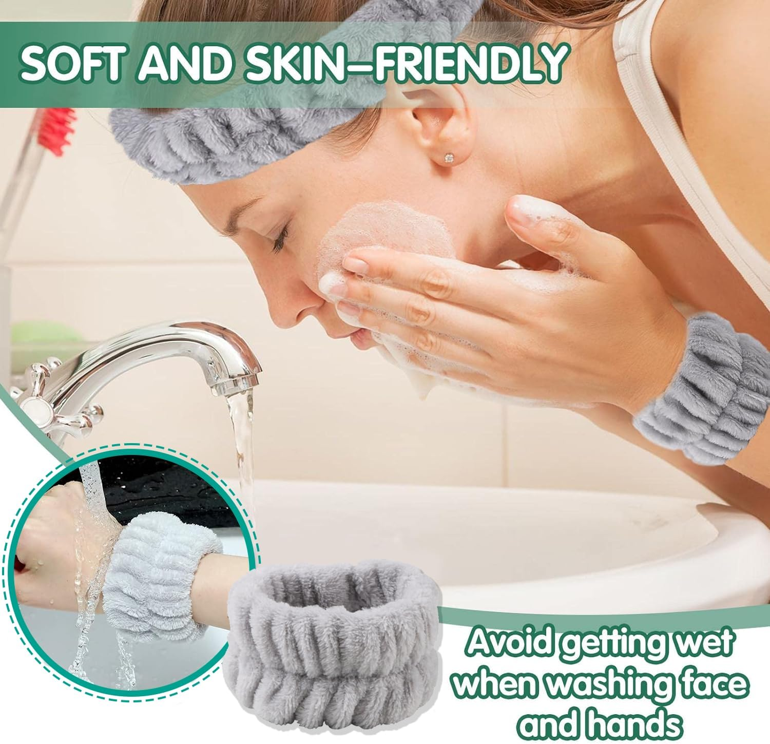 1 Set Spa Face Headband Wrist Wash Bands Set, Hair Band, Wrist Hair Band, Headband Wrist Wash Band Set, for Face Care, Face Washing, Spa, Shower &ndash; Grey
