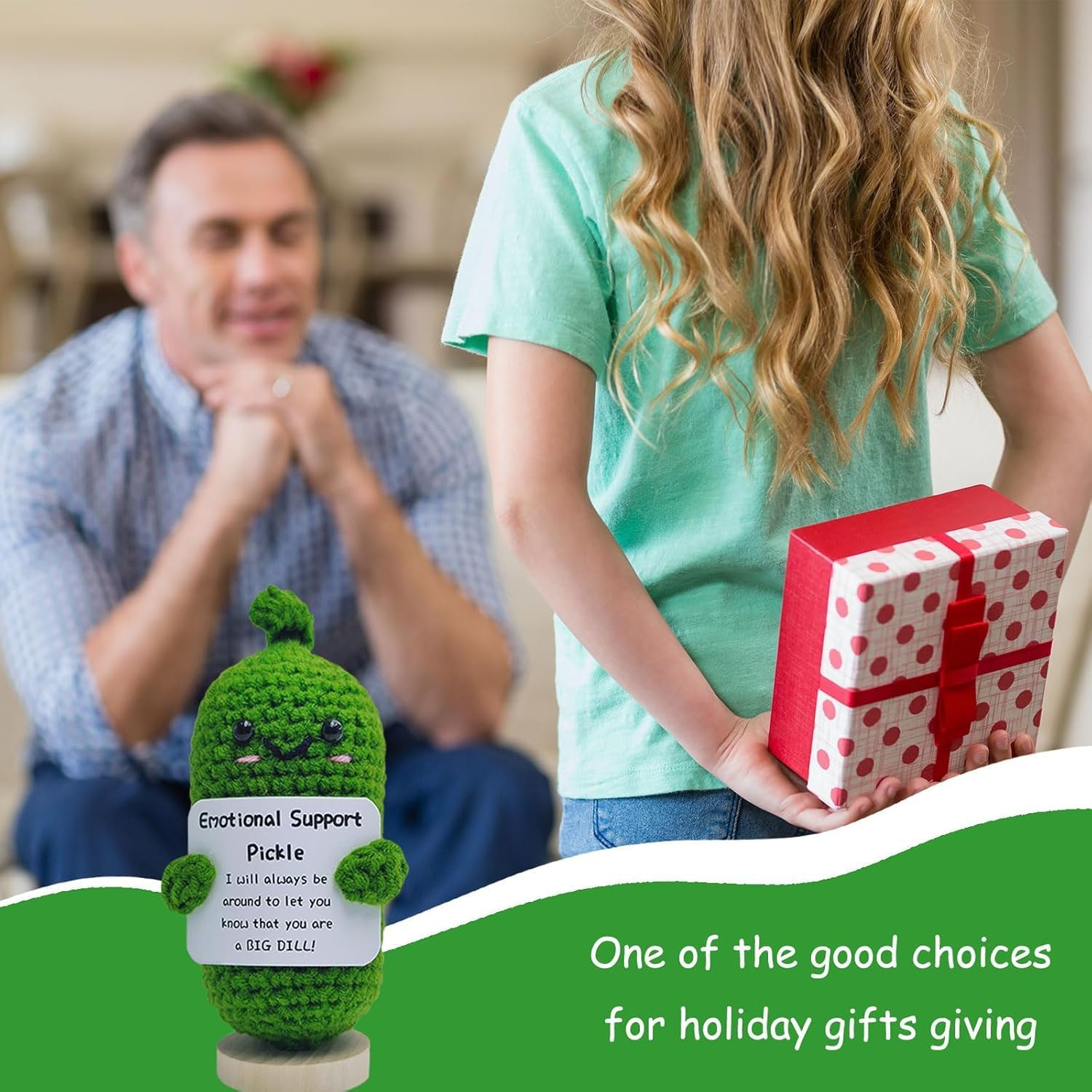 Weforu Emotional Support Pickle, Handmade Pickled Cucumber Gift with Stand,Positive Card and Organza Bag. Cute Wool Inspirational Pickle Crochet Doll Plush for Friends Party Christmas