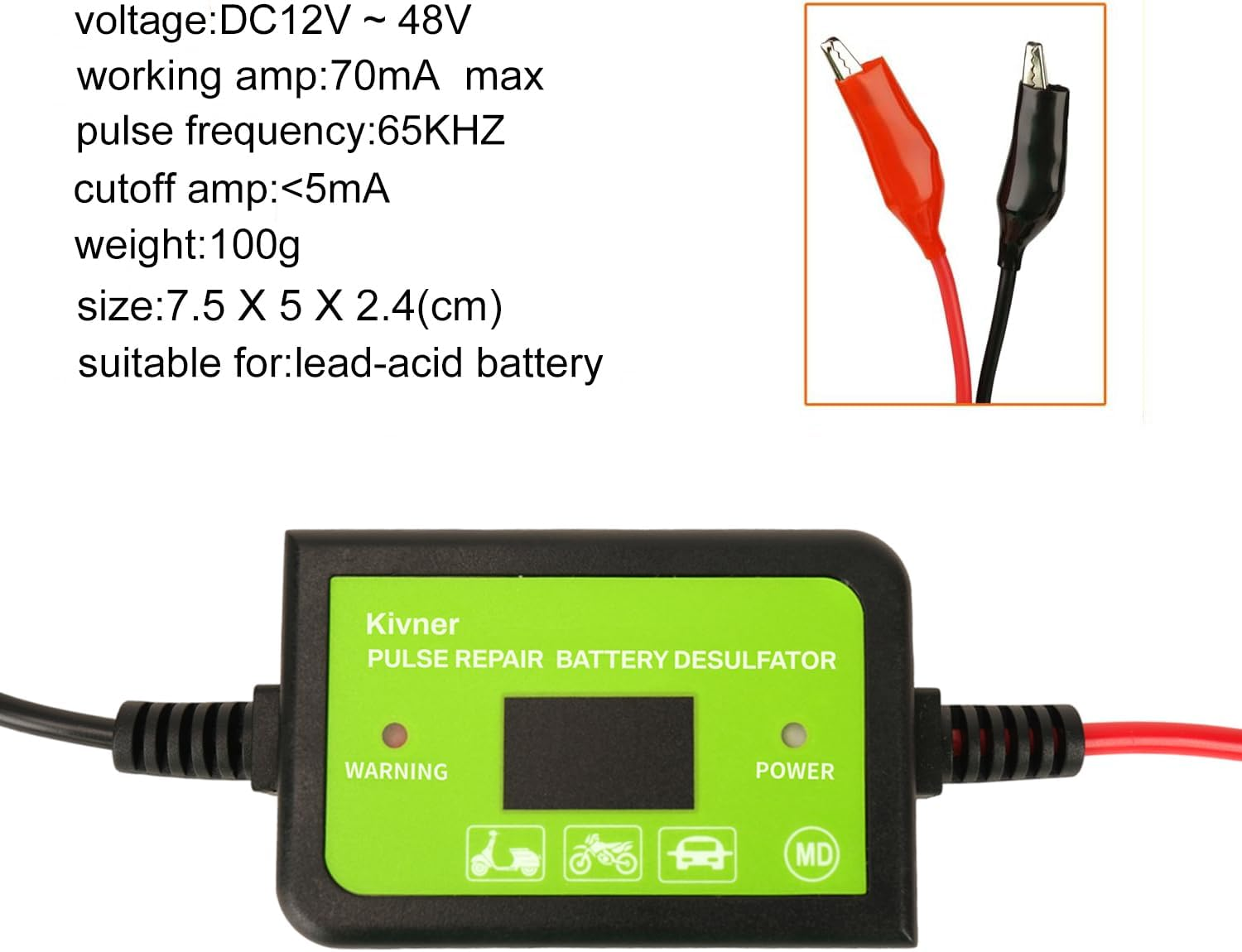 Automatic Pulse Desulfator for Lead-Acid Batteries, 12V/24V/36V/48V Auto Voltage Recognition, Extends Battery Life, Suitable for Batteries up to 200AH, Battery Regenerator KVN-BTF48-70 image number 3