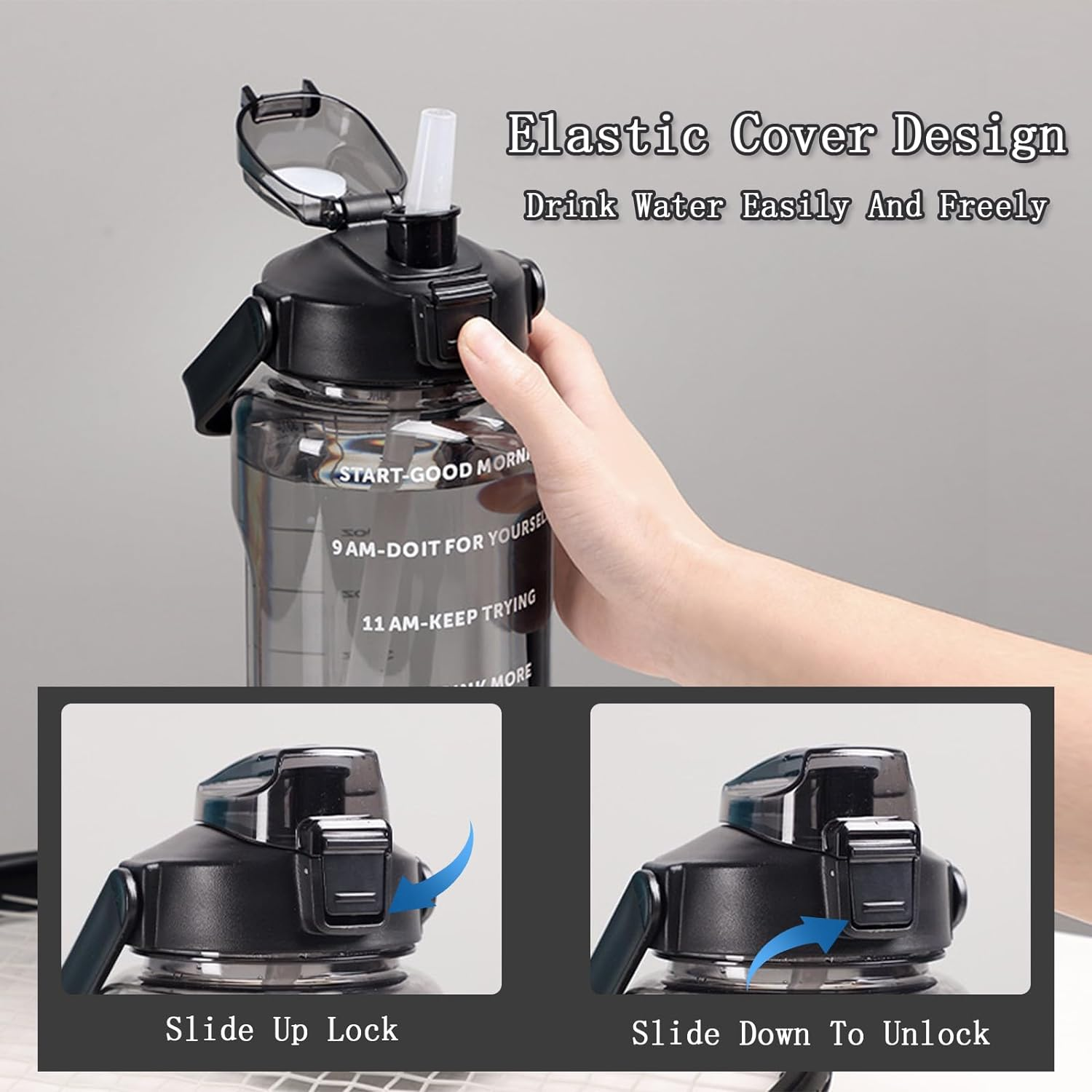 2L Large Water Bottle Black Half Gallon Water Jug, 68Oz /2 Liter Sports Gym Drink Container, Leakproof BPA Free Big Water Bottle with Handle & Straw & Time Marker for Outdoor Fitness image number 5