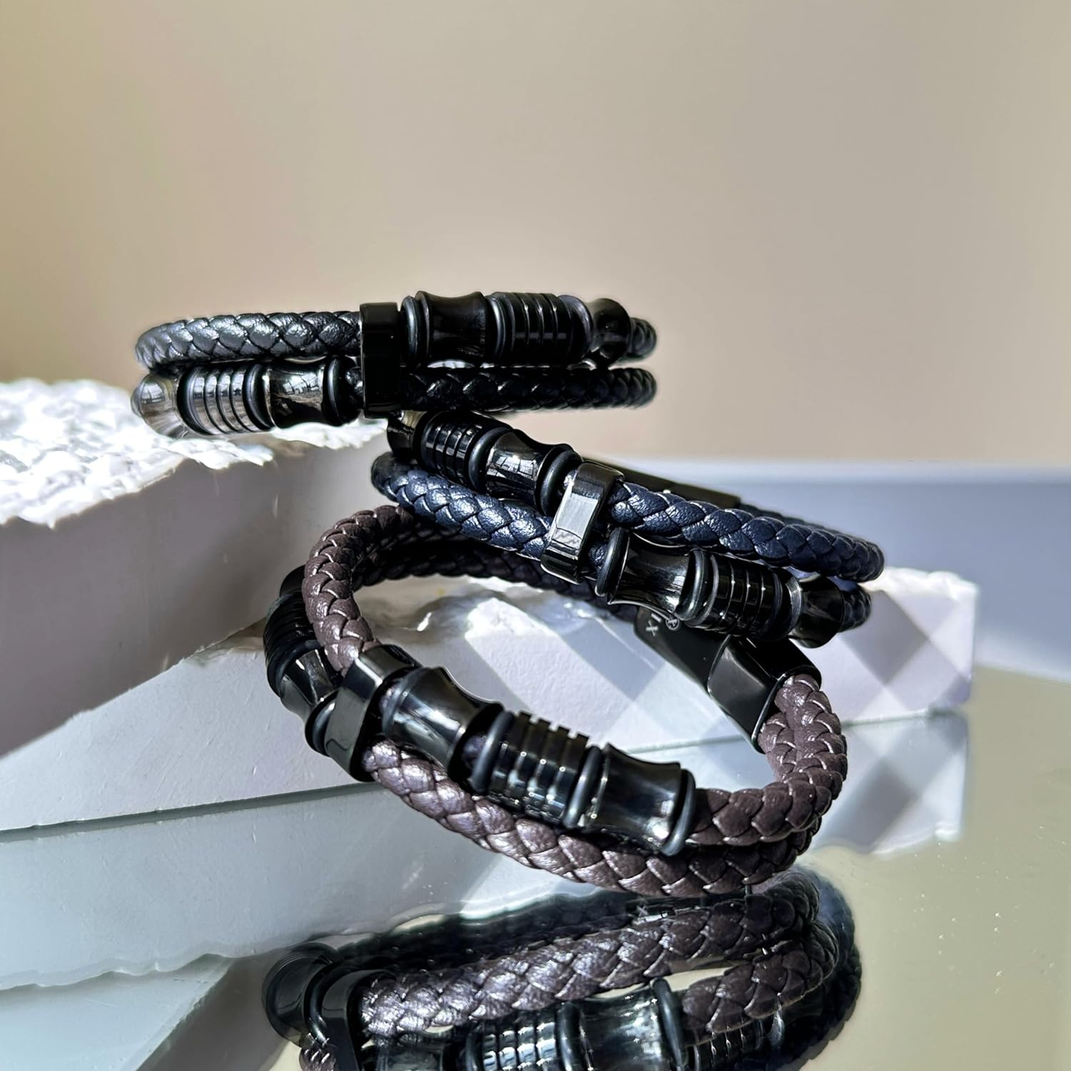 HEIX Men'S Premium Leather Bracelet Magnetic Stainless Steel Clasp in Dark Blue and Brown Great Gift Idea for Men & Boys Jewelry (Black) - Black, 19.0 Centimeters image number 4