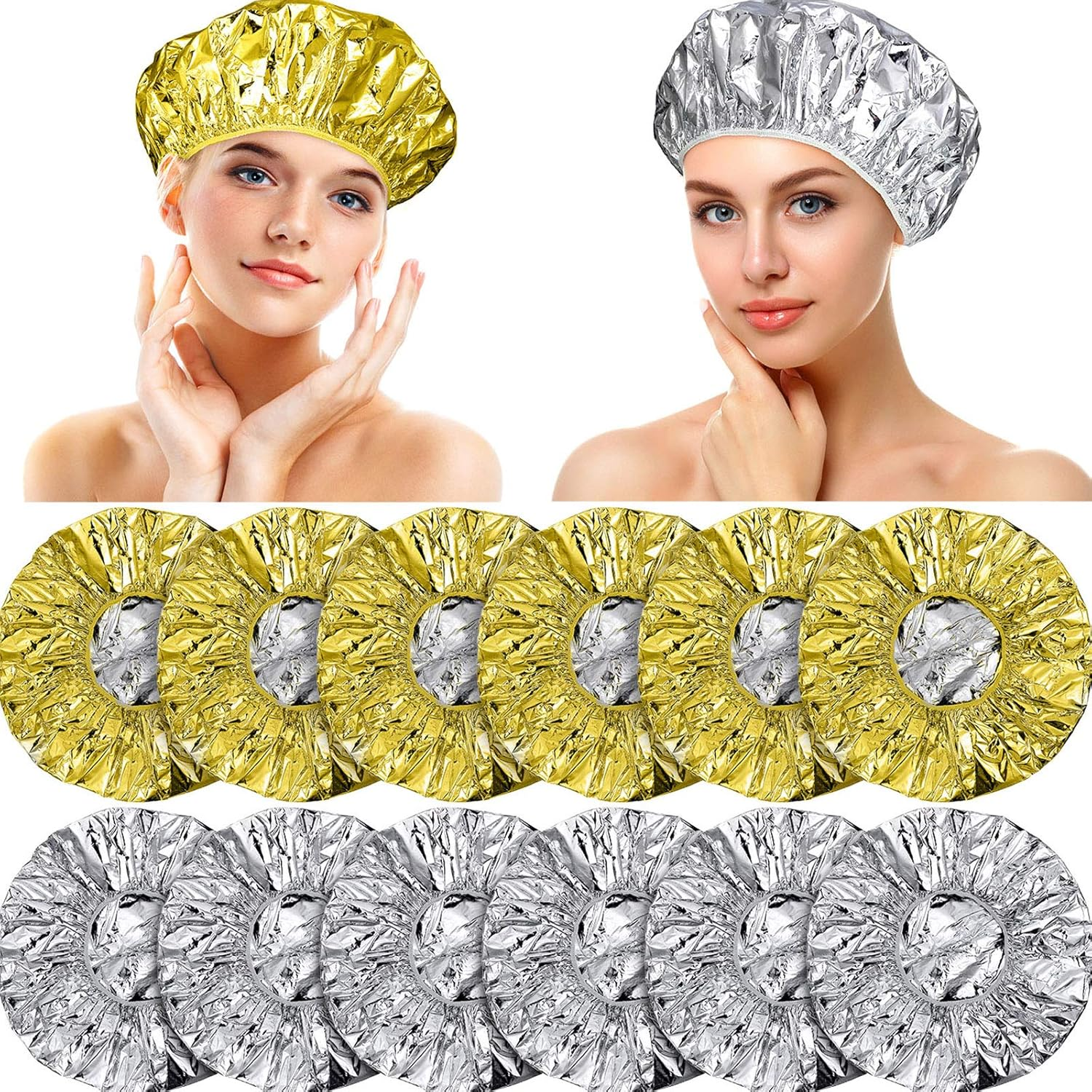 12 Pieces Deep Conditioning Caps Aluminum Foil Reusable Hair Processing Hair Coloring Shower Caps for Home Salon Use(12 Inch,Golden, Silvery)