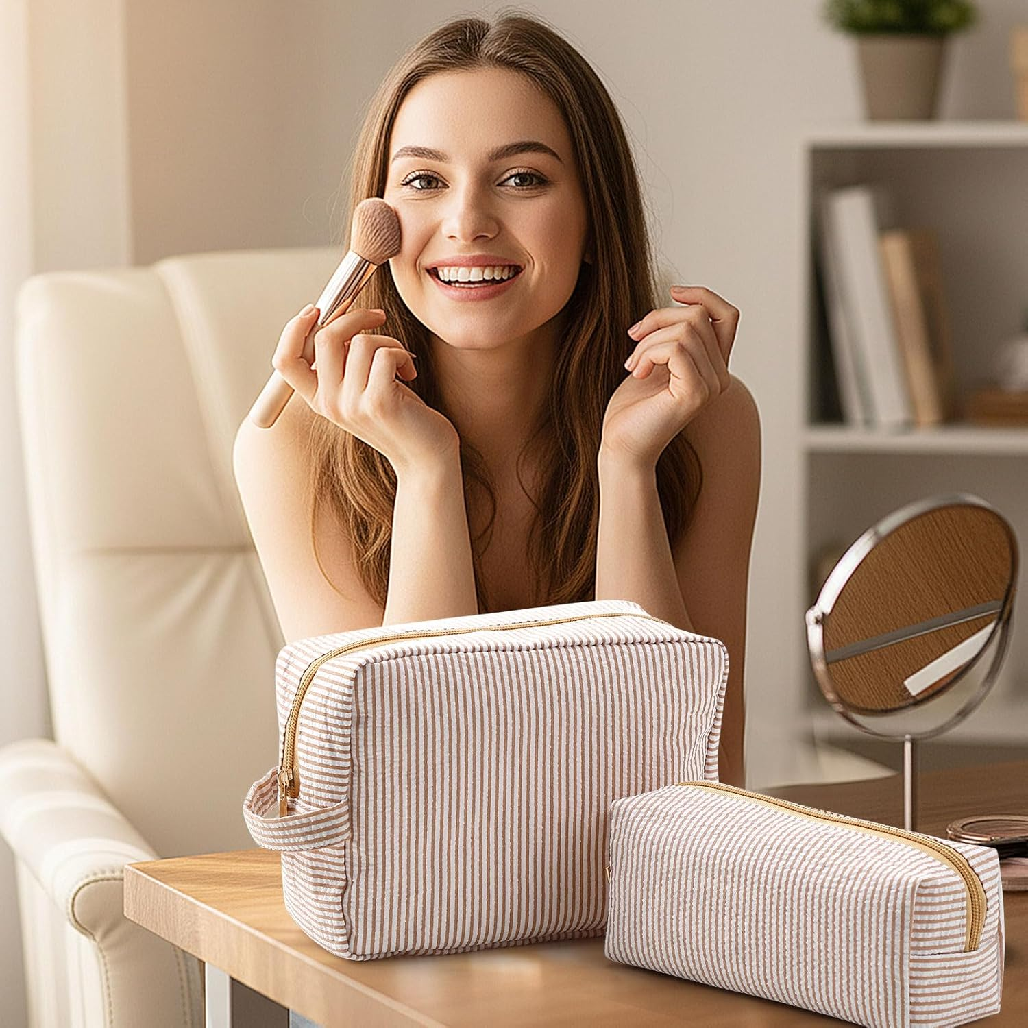 Sanwuta 2 Pcs Makeup Bag Set Seersucker Cosmetic Bag for Women Cute Stripe Travel Toiletry Organizer Aesthetic Preppy Storage Pouch for Girls Wedding Bridesmaid Valentine'S Day Gifts, Brown - Brown image number 6