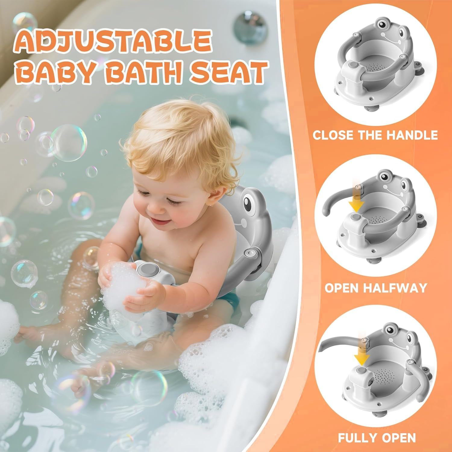 Baby Bath Seat with Safety Handle, Frog Design, 4 Anti-Slip Suction Cups, Ergonomic Support, for Babies 6-18 Months, Grey image number 3