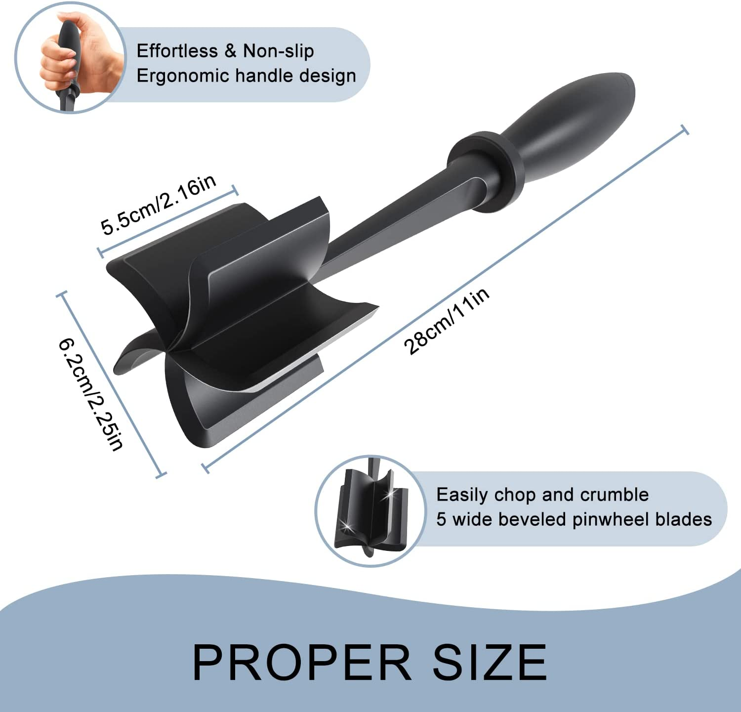 Meat Chopper, 5 Curve Blades Ground Beef Masher, Heat Resistant Meat Masher Tool for Hamburger Meat, Ground Beef, Turkey and More, Nylon Hamburger Chopper Utensil Non-Scratch Utensils image number 2