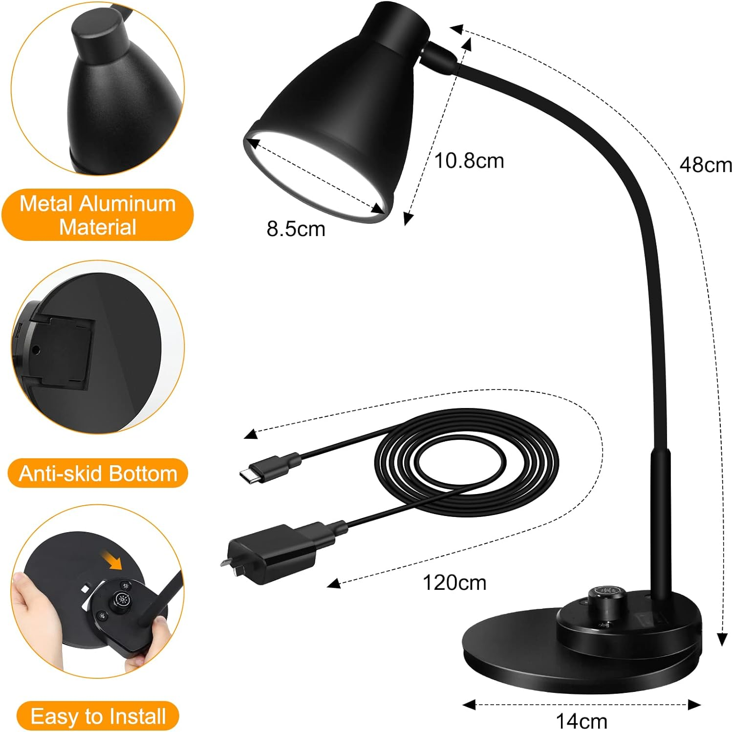 Eocean LED Desk Lamp, Dimmable beside Table Lamp with USB Charging Port, Rotary Switch Study Lamp with Intelligent Induction Auto, Flexible Gooseneck Reading Light for Home Office, 3 Color Modes image number 3