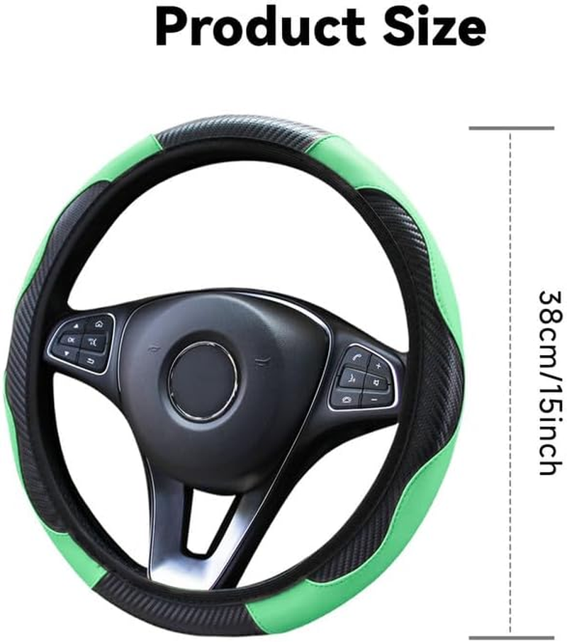 Car Steering Wheel Cover, Universal Size Steering Wheel Cover Fits 37-38 Cm/14.5-15 Inch, Non-Slip Carbon Fiber Microfibre, Breathable Car Accessories Steering Wheel Cover, Green - Blue image number 4