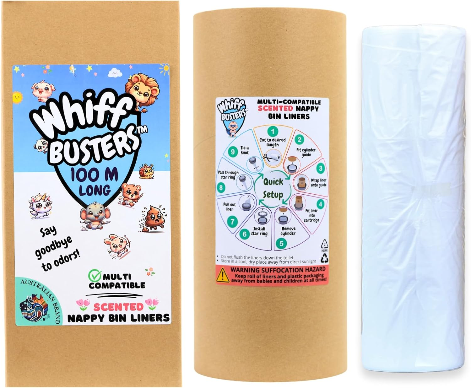 Whiffbusters Refills Nappy Bin Liners - Compatible with Twist and Click Nappy Bin Systems - for Tommee Tippee, Closer to Nature, Diaper Genie - Scented Diaper Trash Bags (100M) image number 1