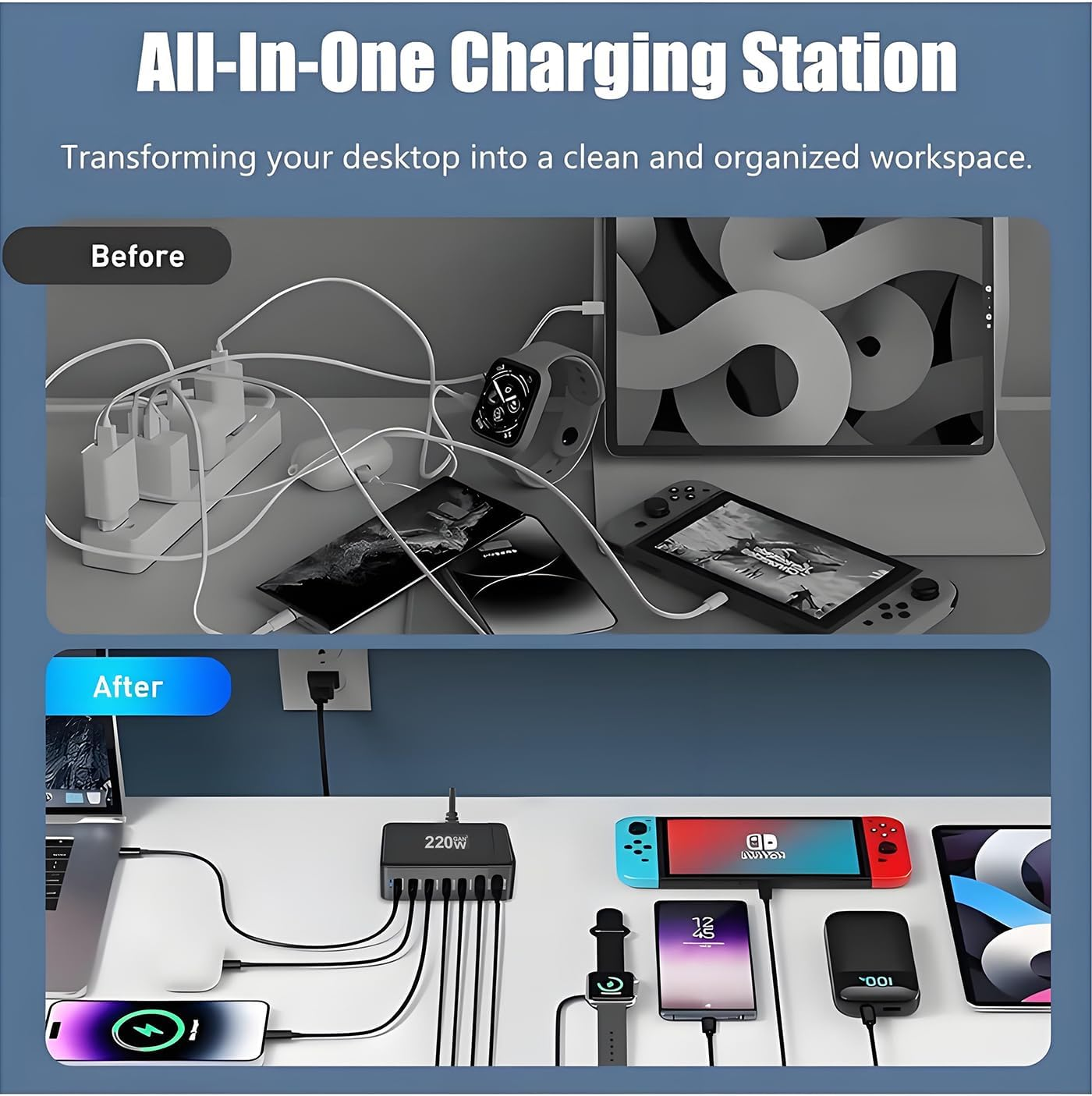 220W USB C Charger, Gan Charger Station Block, 7-Port Fast Charger, USB Desktop Charger Power Adapter, Type C Charger Compatible with Iphone 16 15 14 13 12, Macbook, Ipad, Galaxy, Laptop, Tablets image number 3