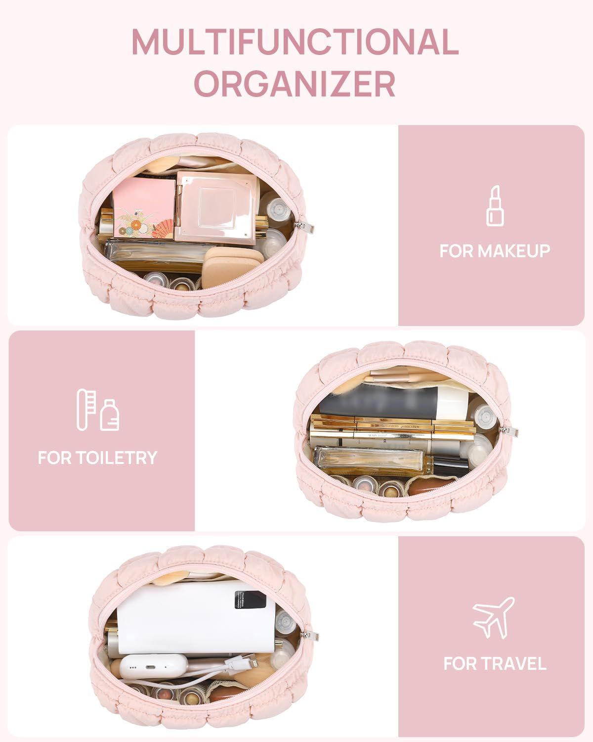 Puffer Makeup Bags for Women, Nylon Puffy Padded Make up for Organizer Case, Wide-Open Pouch Travel Essentials