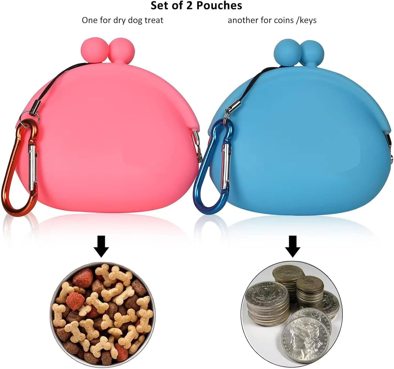 2Pack of Dog and Cat Snack Bag with Carabiner, Silicone Cat and Dog Training Bag,Reusable Dog Treat Container Dog Treat Bag Silicone Treat Pouch for Leash Key Case image number 1