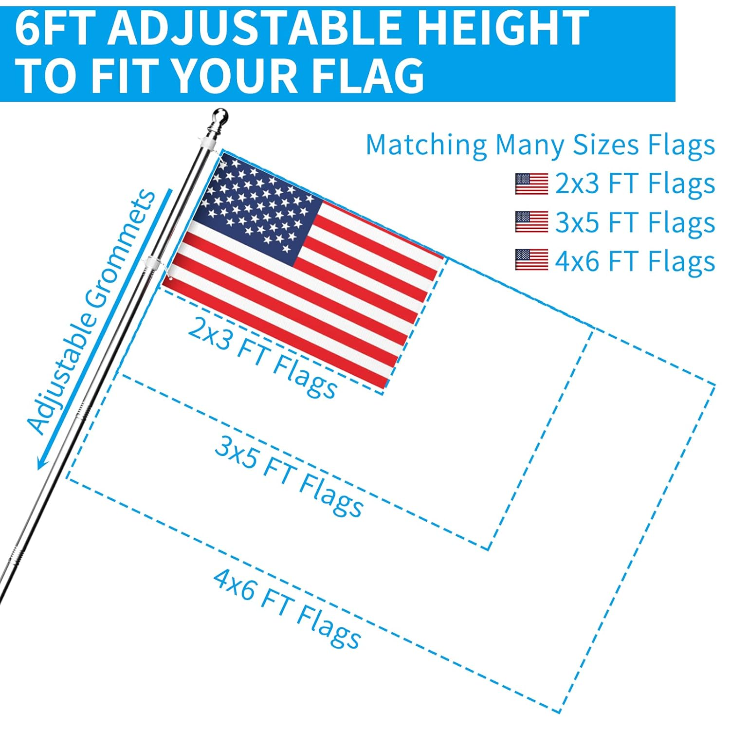 ZMTECH Flag Pole - Upgraded Bracket, 6 FT Stainless Steel Flag Poles for outside House, Residential or Commerical, Tangle Free Flag Pole Kit for American Flag (Without Flag, Silver) - Silver image number 6