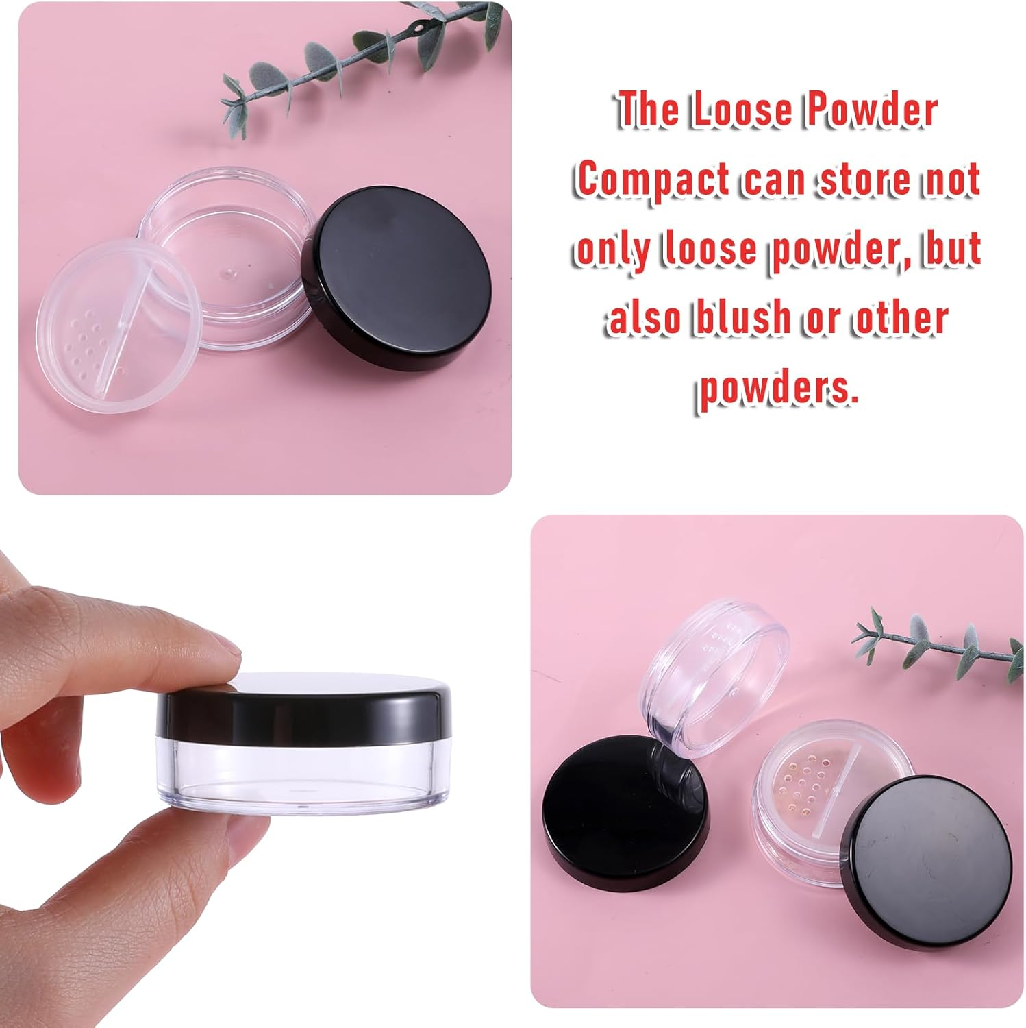 Fdczeyxior 2PCS 10Ml/0.34Oz Black Square Plastic Refillable Loose Powder Container with Rotatable Sifter and Leakproof Screw Lid image number 6