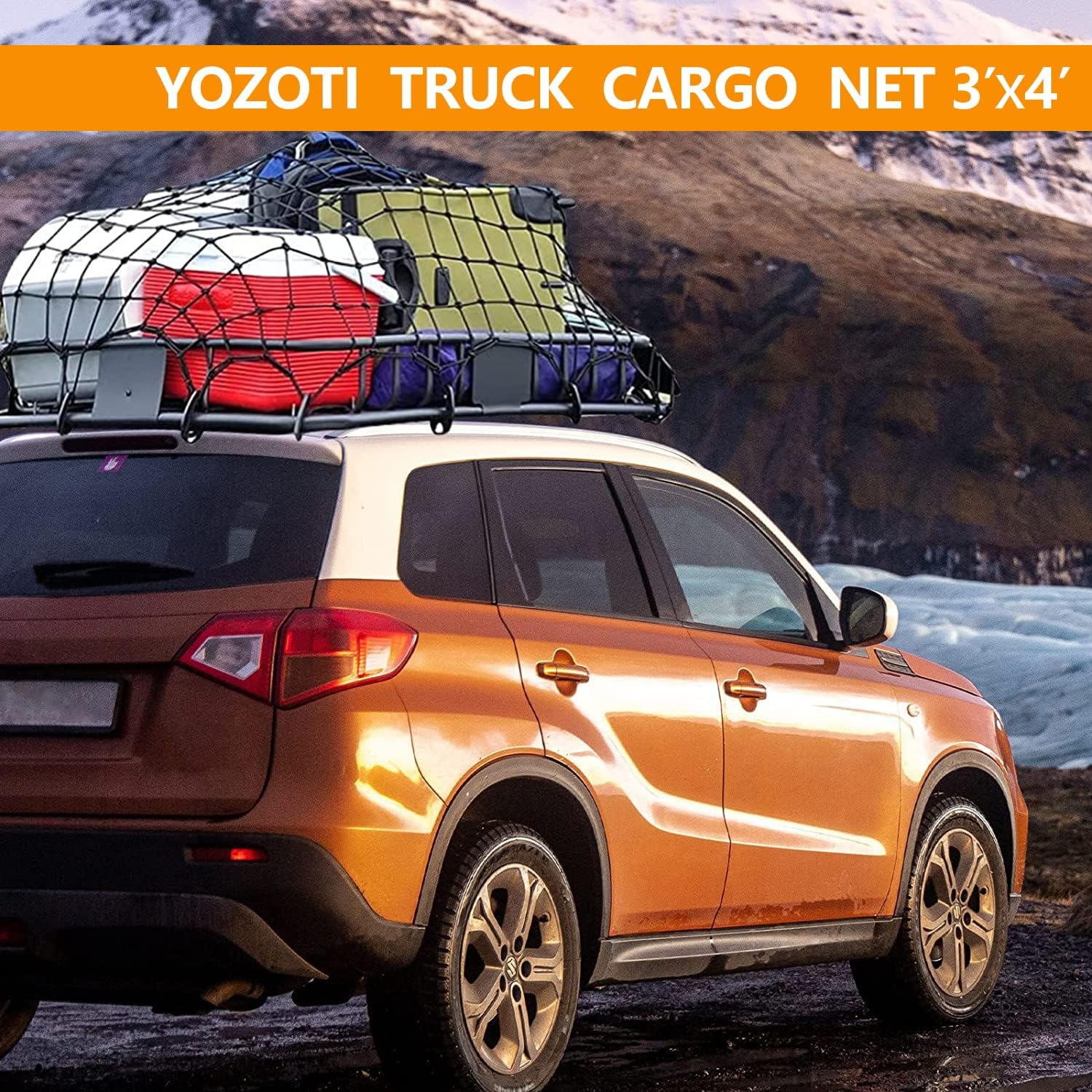 YOZOTI Roof Rack Cargo Net for Cars & Suvs - 3' X 4' Stretches to 6' X 8'- Small Cargo Net for Pickup Truck Bed W/ 12 Metal Carabiners, Compatible with Nissan Frontier, Toyota Tacoma & Chevy Colorado