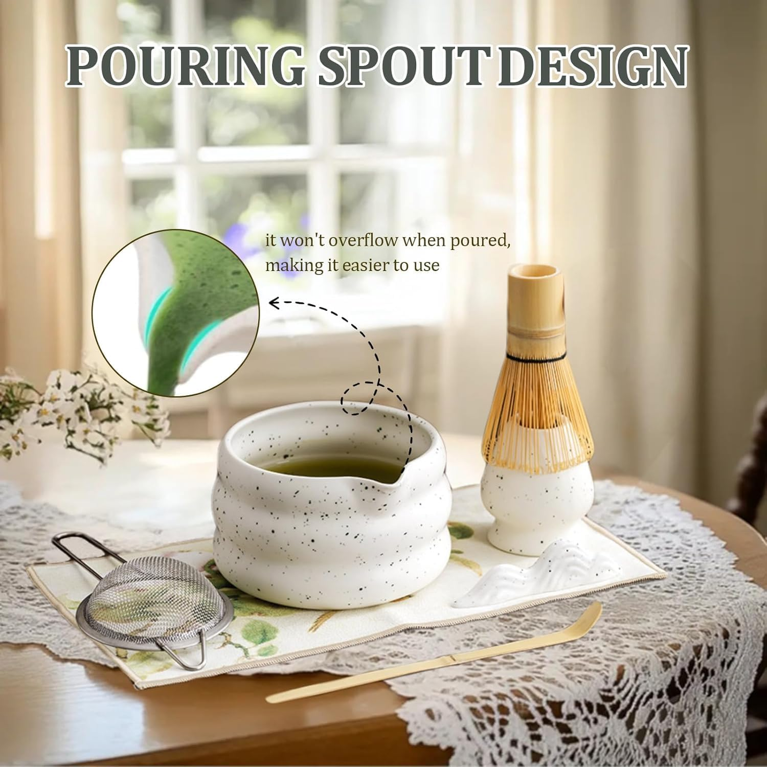 Matcha Whisk Set, Ceramic Matcha Set Includes Matcha Bowl, Matcha Whisk and Holder, Bamboo Scoop, Scoop Rest, Sifter and Tea Towel - 7 Pcs Matcha Kit for Matcha Lovers (White) image number 3