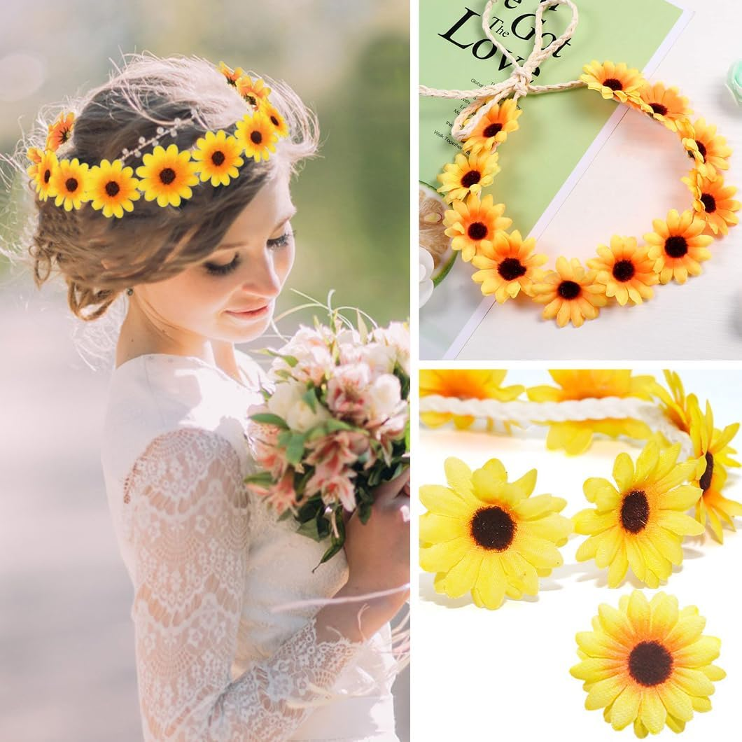 Youery Flower Headband, Sunflower Hair Accessories, Sunflower Headband with 6 Hair Clips, Goose Flowers, Flower Headpiece for Wedding, Beach, Travel, Party image number 4