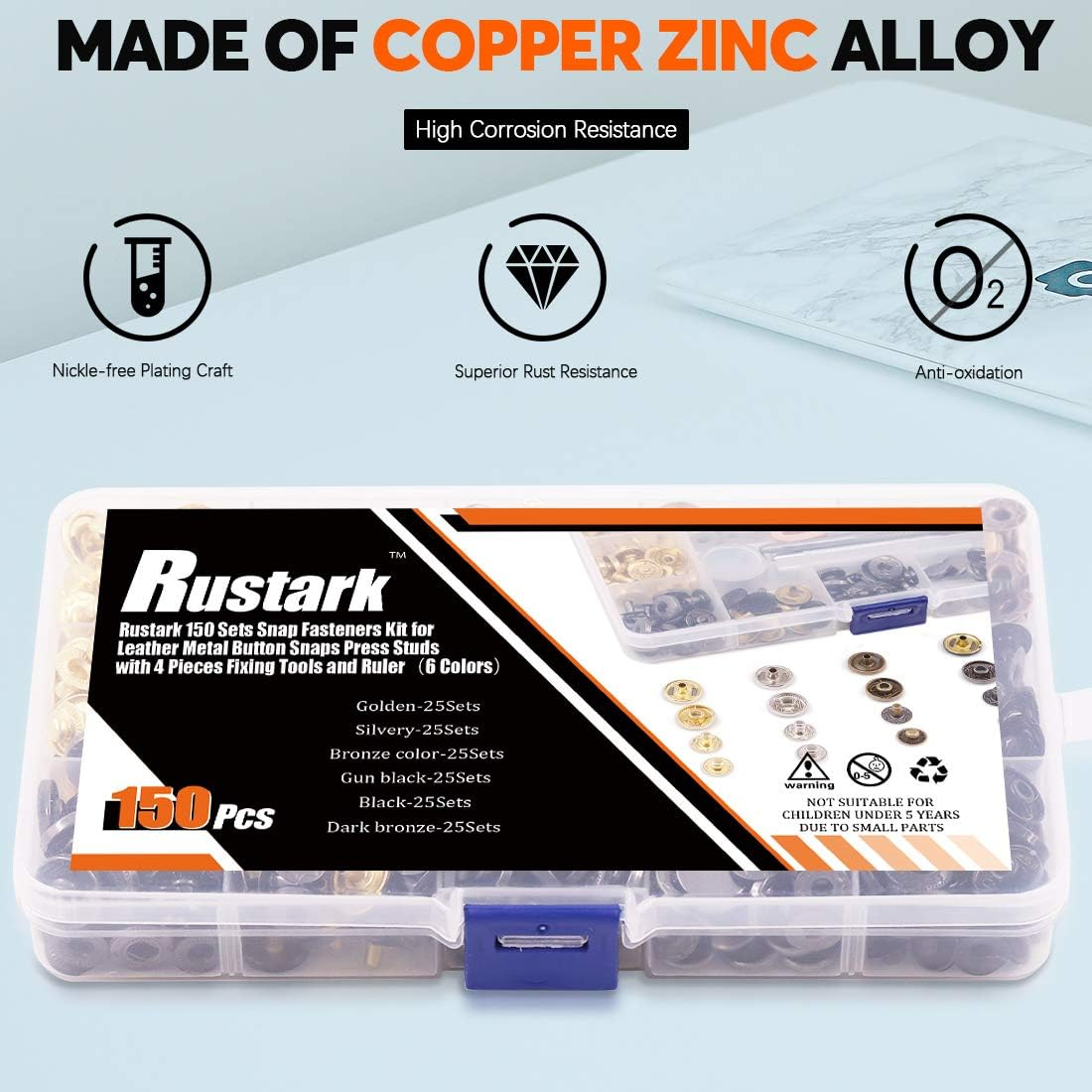 Rustark 150 Sets Leather Snap Fasteners Kit, 6 Colors Metal Button Snaps Press Studs with 4 Pieces Installation Tools for Leather Craft, Jackets, Jeans Wears, Bracelets and DIY Craft (12.5Mm) image number 5