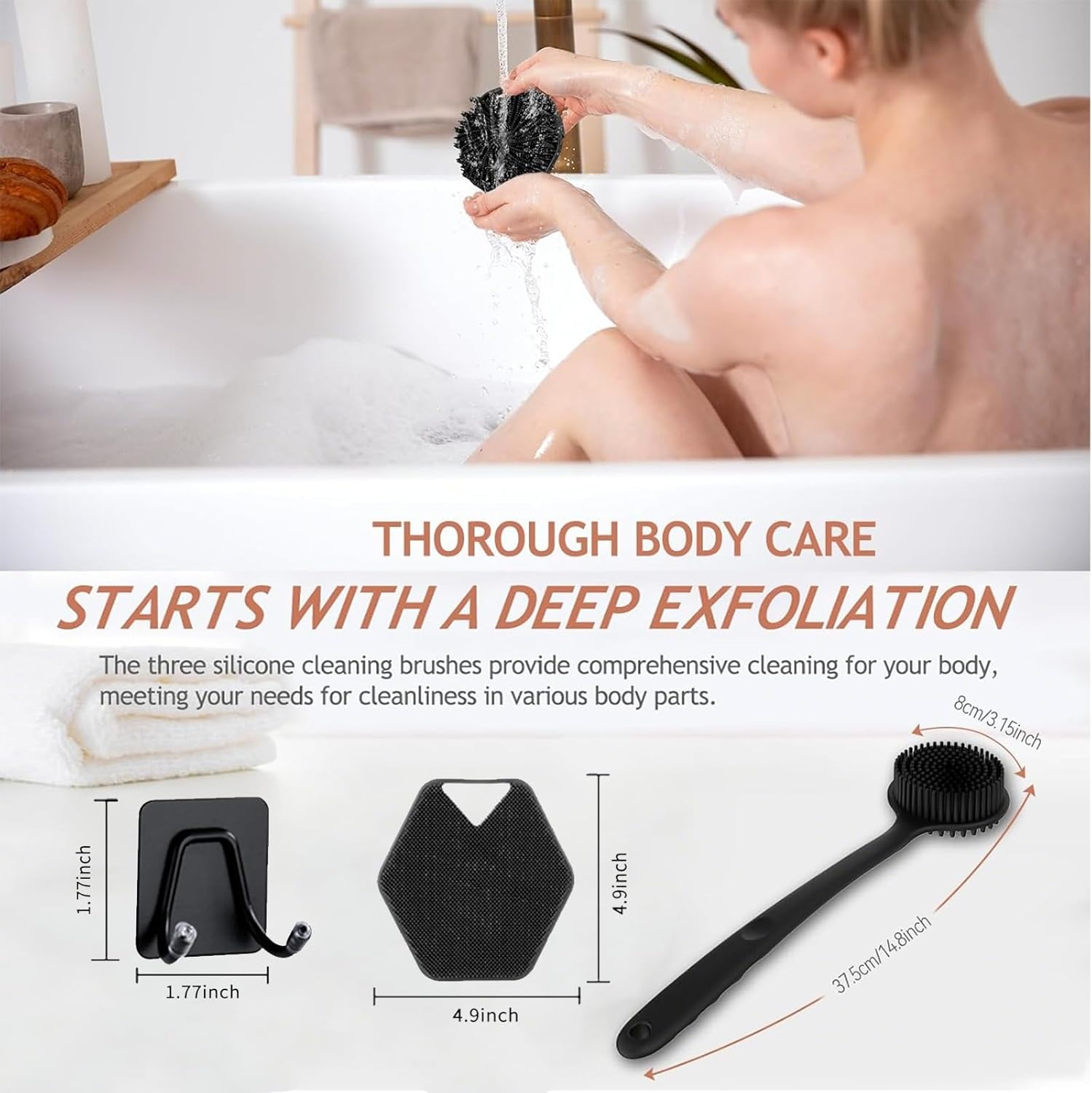 3 in 1 Silicone Body Scrubber Set &ndash; Double-Sided Shower Brush with Long Anti-Slip Handle, Rich Lather Bath Brush with Hook for Men & Women (Black) image number 6