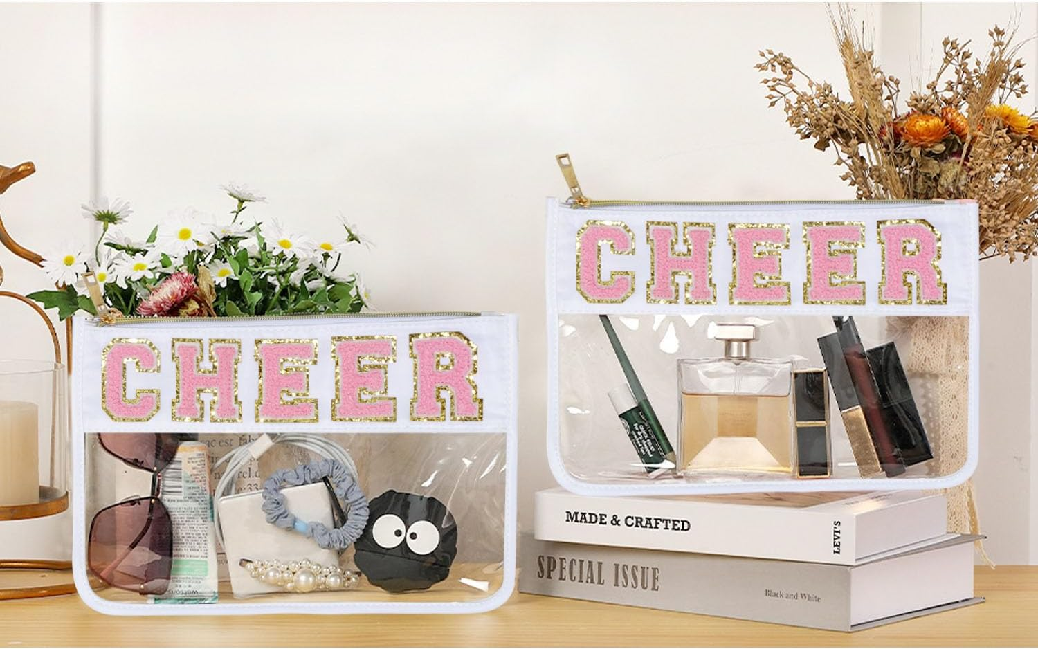 1 Pcs Cheer Gifts Chenille Letter Cheer Bags Patch Makeup Bag Flat Clear Pouch Cheerleading Gifts for Girls Cheer Teams, Beige, Cheer Bag image number 1