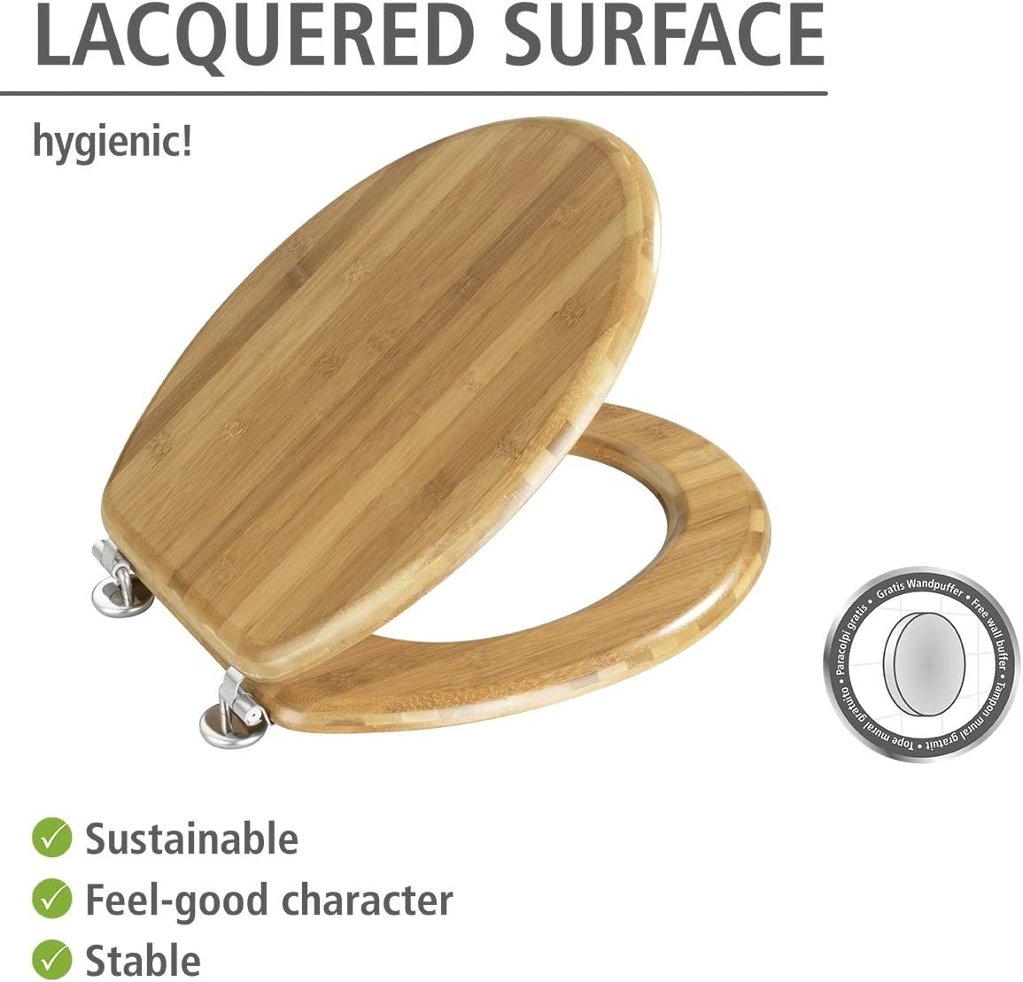 Wenko 144726100 Toilet Seat Bamboo Chromemetal Mounting, Bamboo, 37 X 42.5 Cm, Brown Dark Brown image number 1