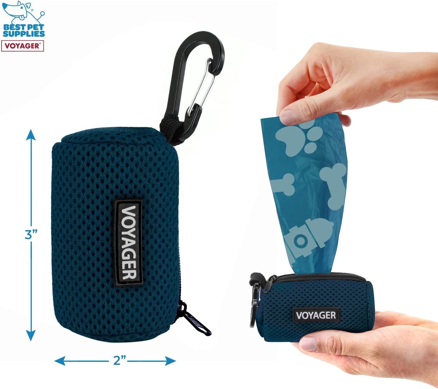 Best Pet Supplies Dog Poop Bag Holder Leash Attachment with 15 Bags, Blue, Reusable Mesh Dispenser Pouch for Travel, Walking, Park, and Outdoor Use, Soft and Durable with Clip-On image number 3