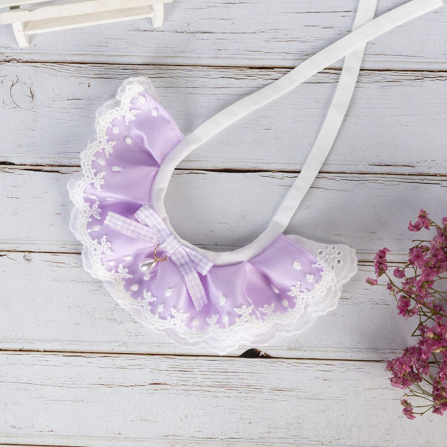 FUN LAVIE 2PCS Dog Cat Collar Water Drop Pearl Bow Lace Pet Bib Cute Scarfs Necklace Neck Strap for Pet Costume Supplies Purple image number 3