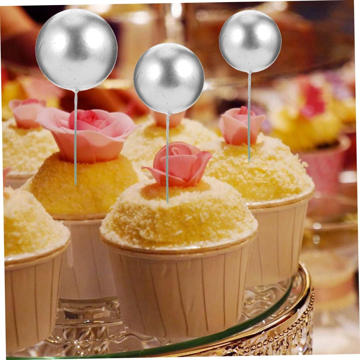 30Pcs Ball Cake Topper Birthday Decorations Pastel Dessert Props Ball Shape Ornament - Silver image number 5