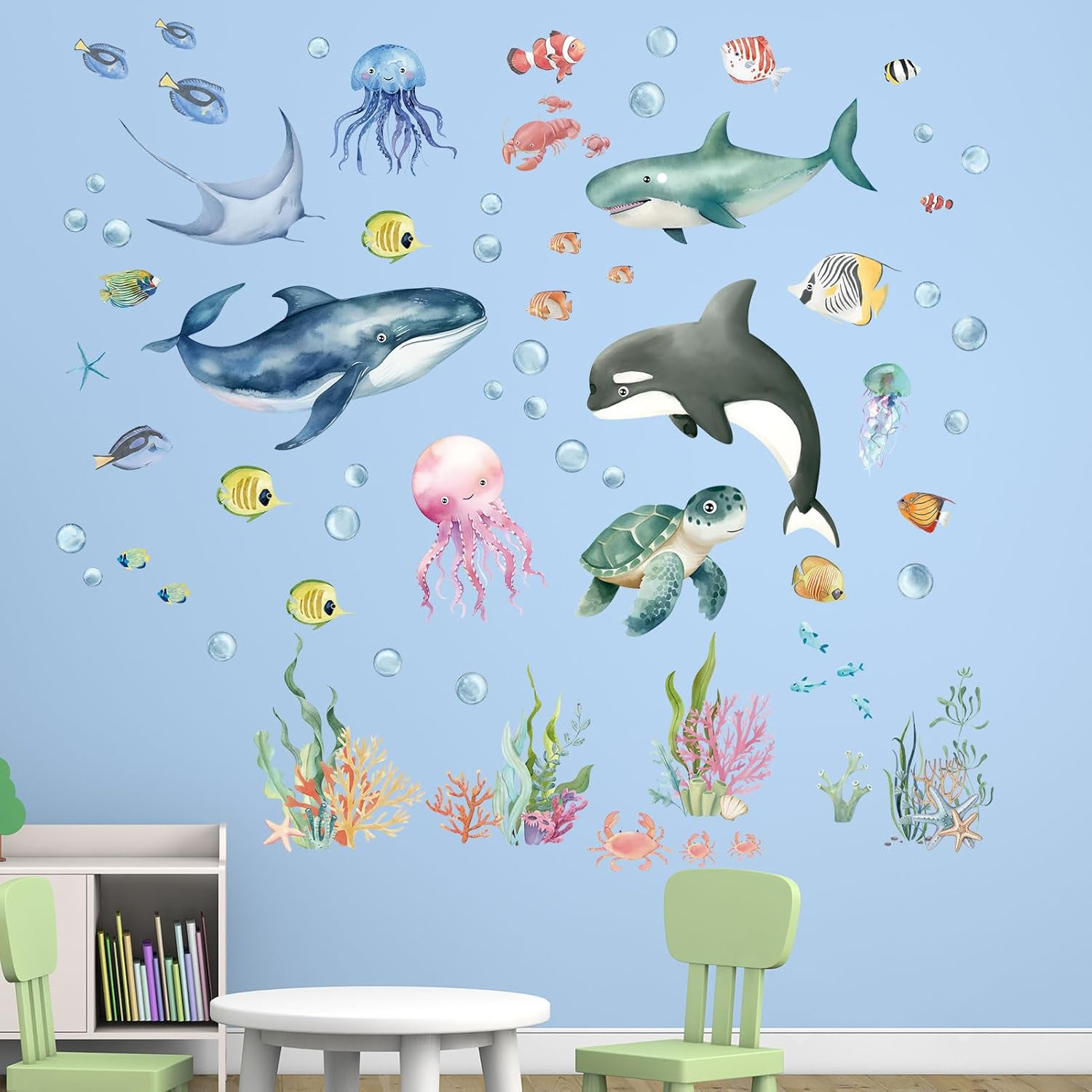 Under the Sea Wall Decals - Marine Theme Shark Whale Fish Sea Turtle Ocean Wall Stickers - Bathroom Baby Nursery Kids Bedroom Daycare Wall Decor image number 5