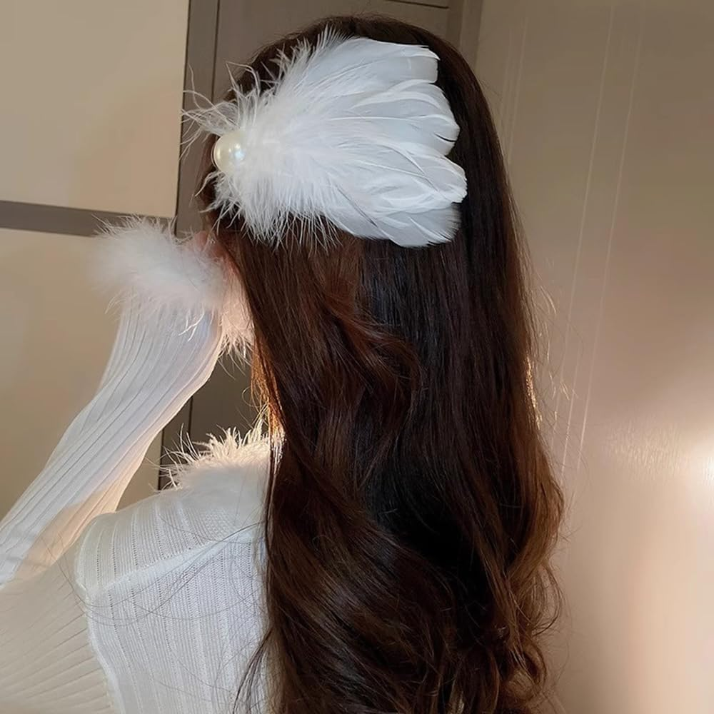 2 Pcs Feather Hair Clips for Women,White Swan Feather Hairpins Hair Piece Headpiece for Brides Fly-Wing Hair Barrettes Accessory for Girls Wedding Valentine Birthday Christmas Costume Stage Performance image number 4