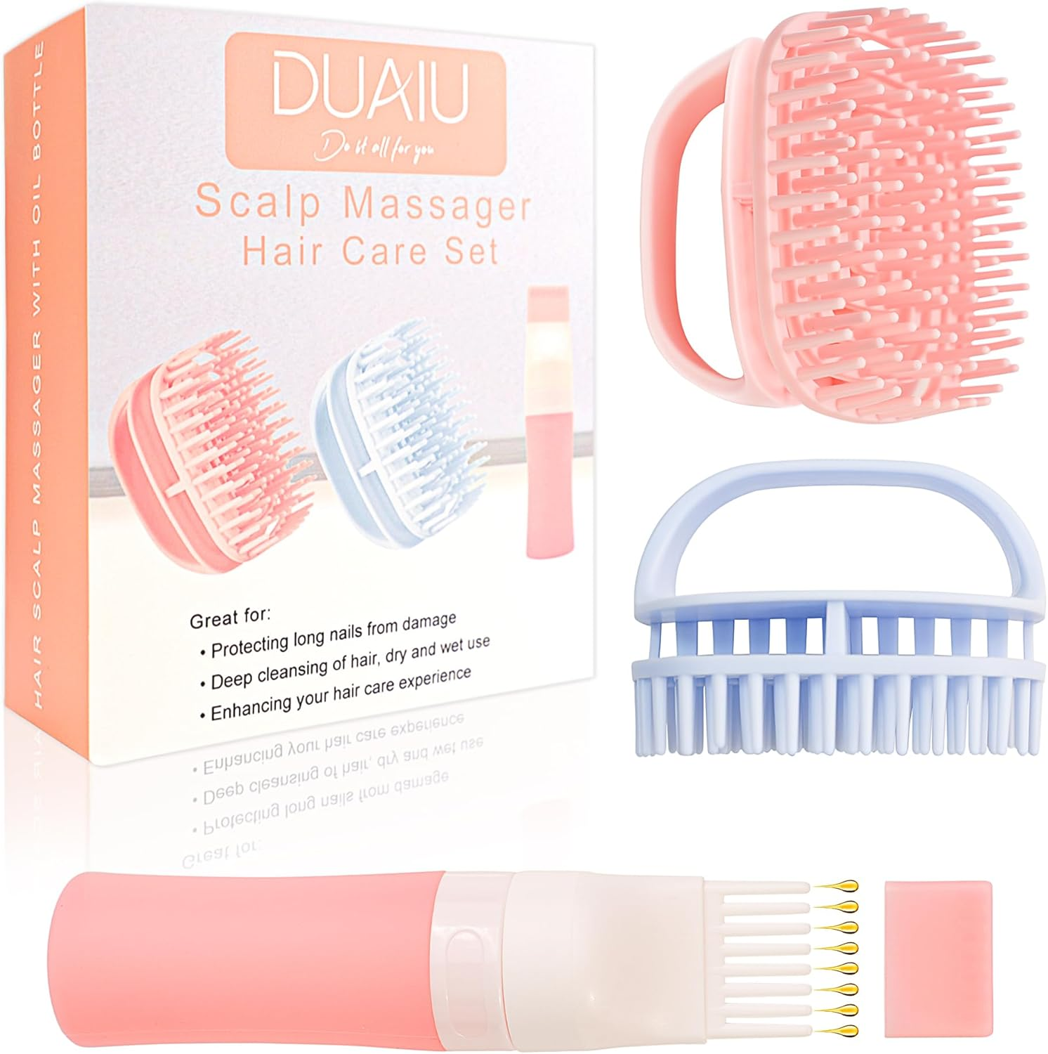 DUAIU Scalp Massage Brush with Hair Oil Applicator, 2 Pieces Silicone Head Massage Brush and 1 Piece Hair Oil Applicator, Massage Brush Hair Applicator Bottle Hair Kit Hair Growth Accelerate