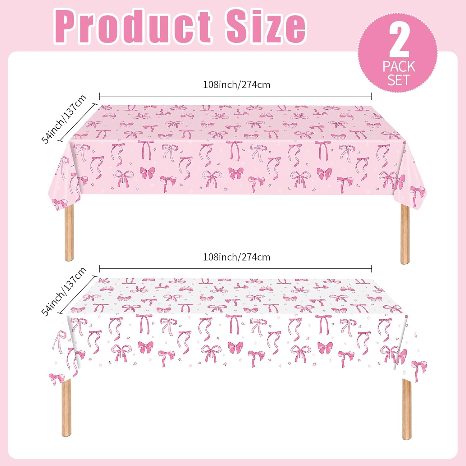 2 Pack Pink Bow Tablecloth Plastic 54 X 108Inch, Coquette Birthday Decorations Table Cloth Disposable Girls Birthday Party Supplies image number 5