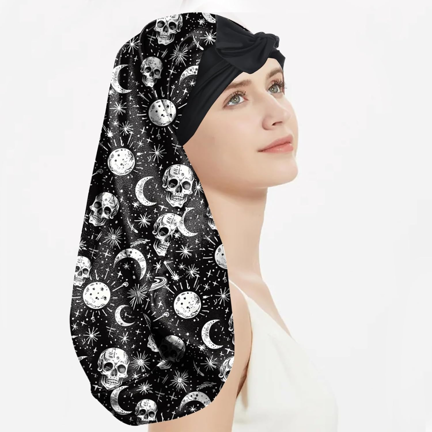 BHAHB Silk Feeling Long Satin Bonnet for Sleeping Adjustable Double Layer Elastic Reusable Long Hair Caps Cute Women Girls - A1-Flowers image number 3