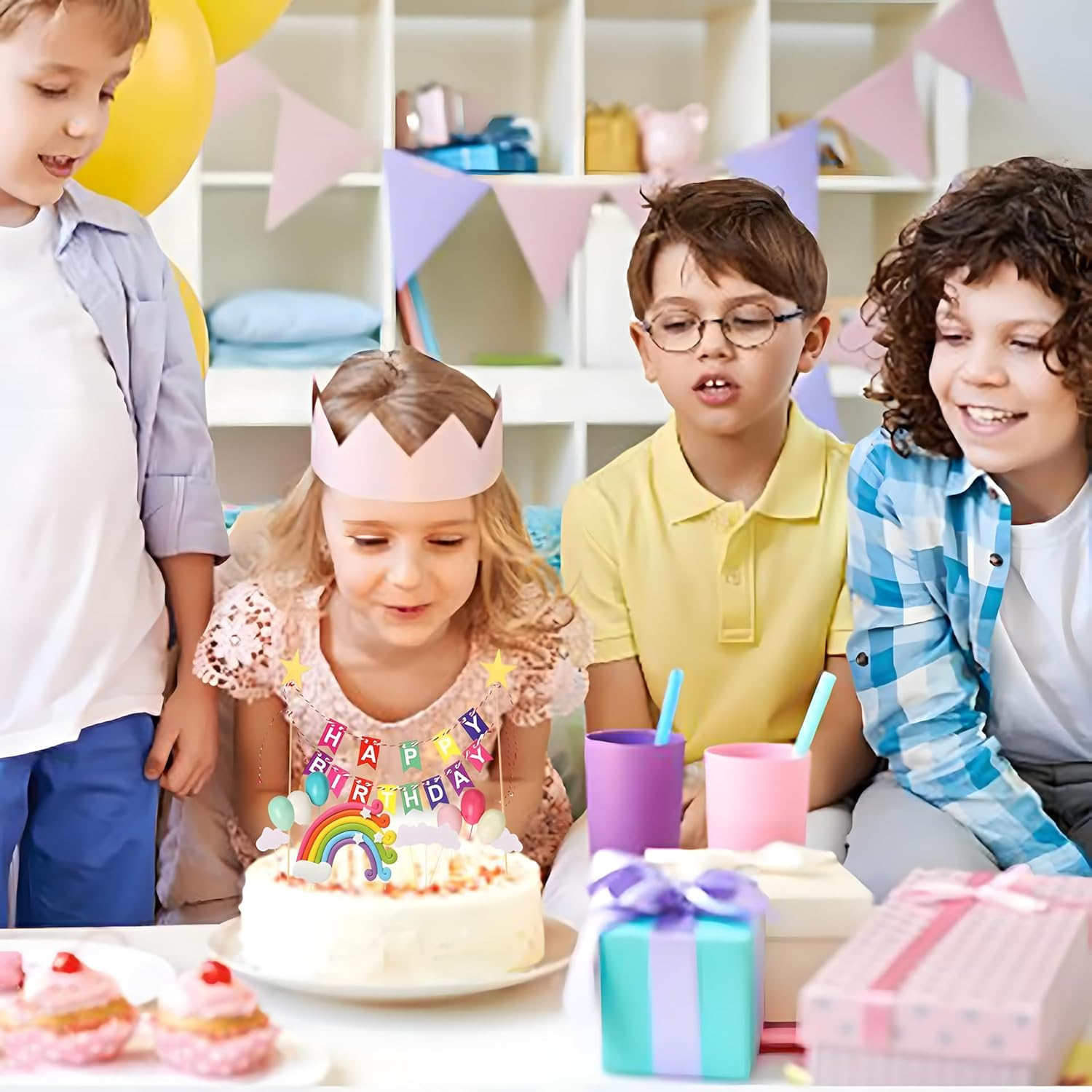 Rainbow Cake Topper, 13-Piece Cake Decoration Set, Include Colorful Rainbow Clouds Balloon Stars, for Boy Girl Kid Birthday Baby Shower Party Baking Decoration Supplies