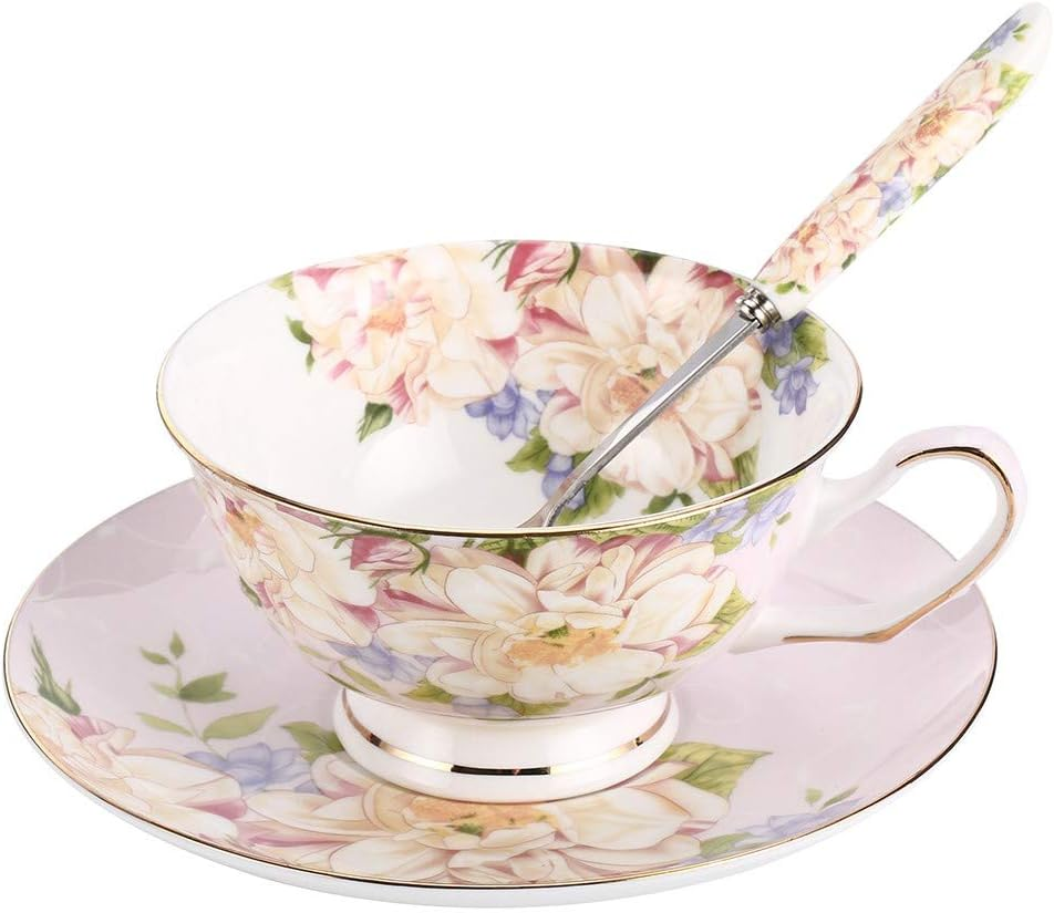 Jinglory Tea Cups,Floral Tea Cups and Saucers Set with Spoon,Bone China Tea Set,Coffee Cups,Tea Sets for Adults/Women/Men/Friends Tableware 10.5X5.8 Pink