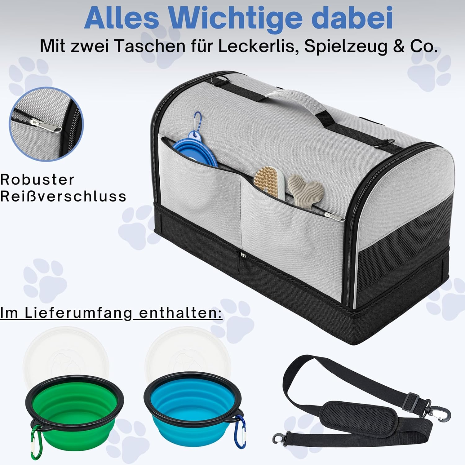 Foldable & Stable Cat Transport Box with Removable Base - Transport Bag for Cats and Small Dogs up to 8 Kg Including 2 Bowls, Shoulder Strap, Safety Lead, Ventilation, Reflectors image number 6