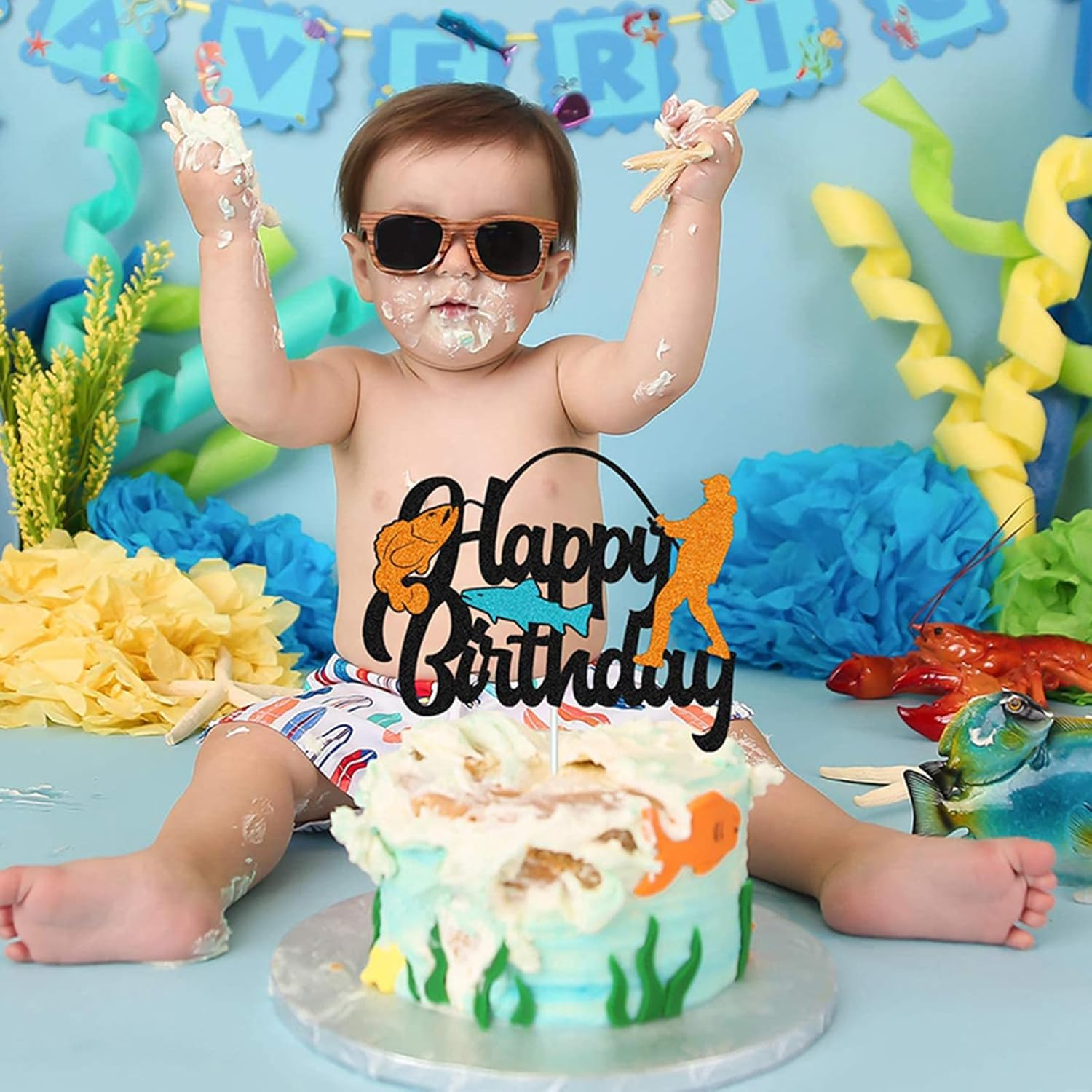 1Pc Fishing Cake Topper Glitter Fisherman Birthday Cake Pick Outdoor Gone Fishing Themed Men Boys Birthday Party Cake Decoration Supplies image number 1